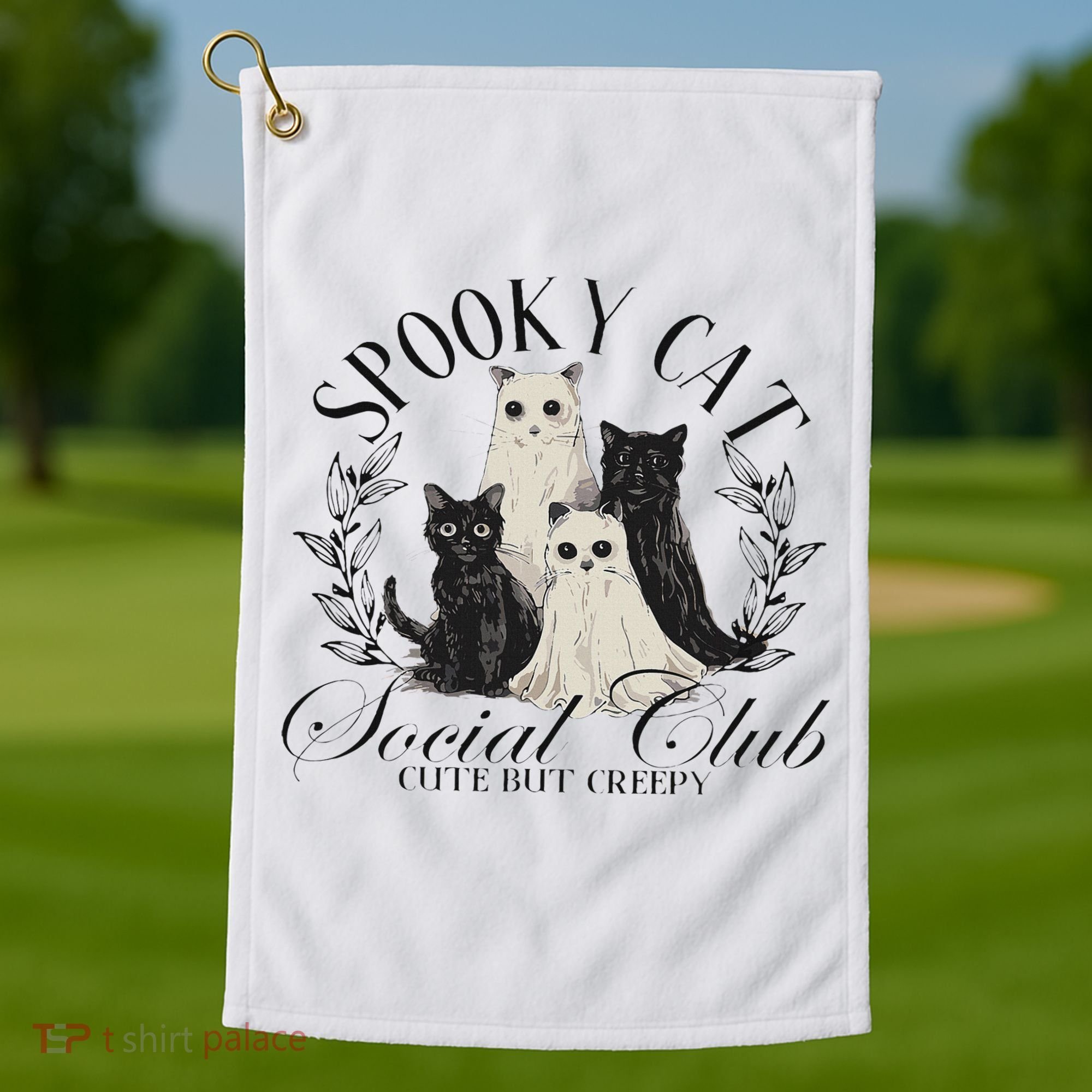 Spooky Cat Social Club Ghost Cat Halloween Gothic Black Cat Golf Towel