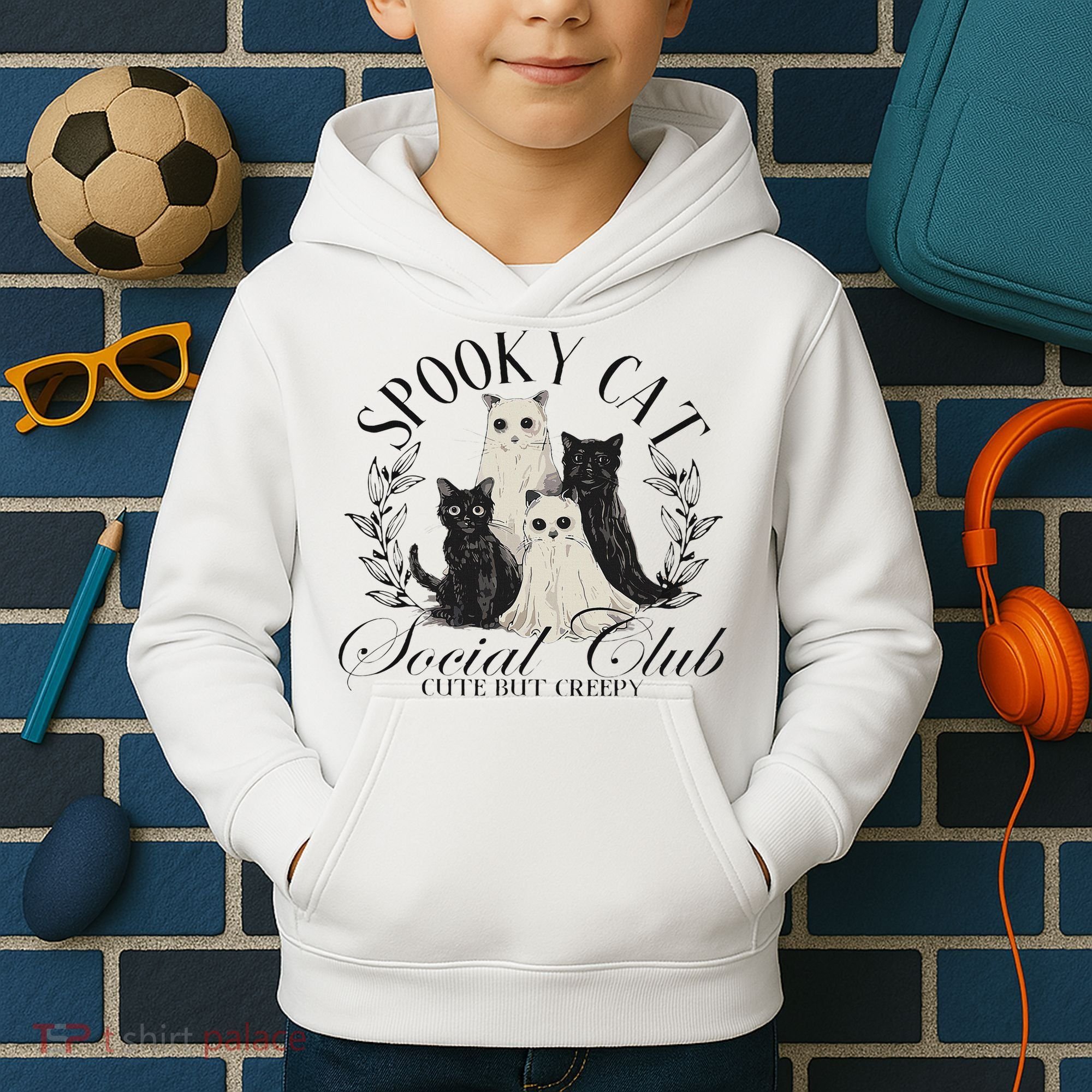 Spooky Cat Social Club Ghost Cat Halloween Gothic Black Cat Kids Hoodie