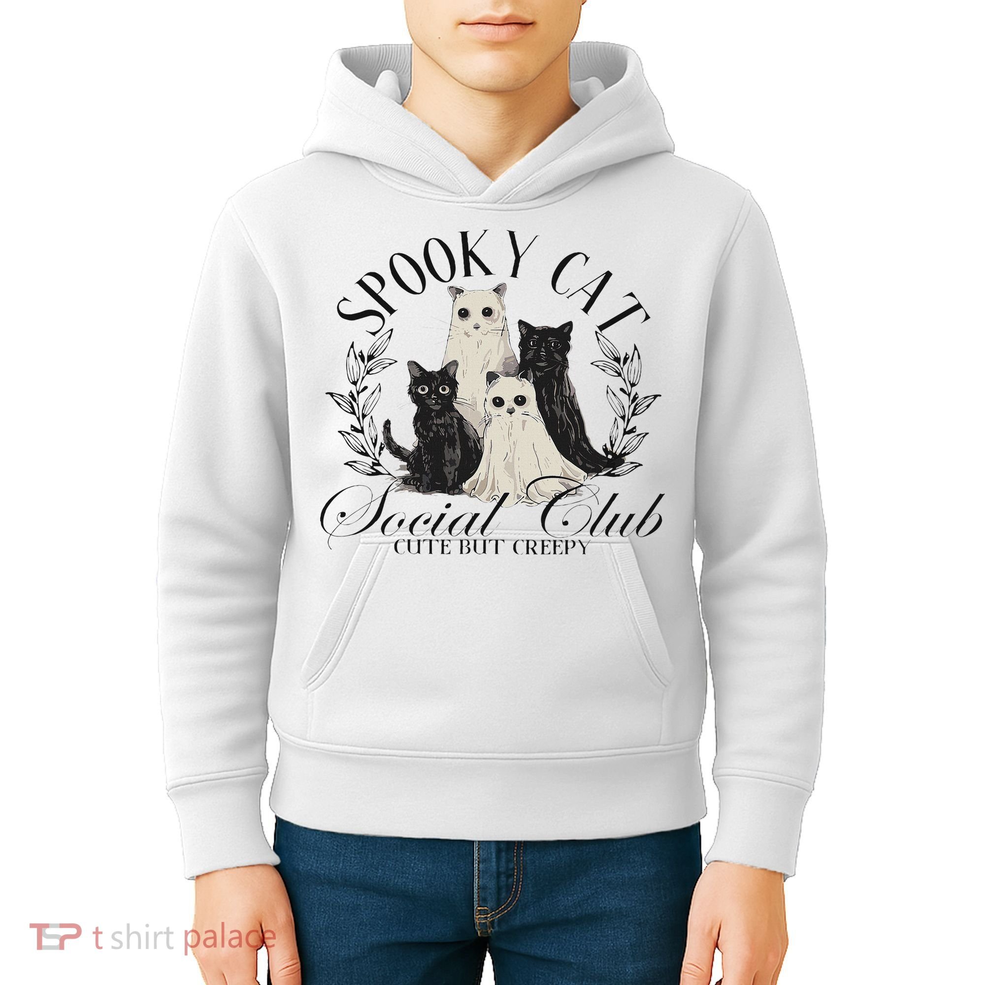 Spooky Cat Social Club Ghost Cat Halloween Gothic Black Cat Kids Hoodie