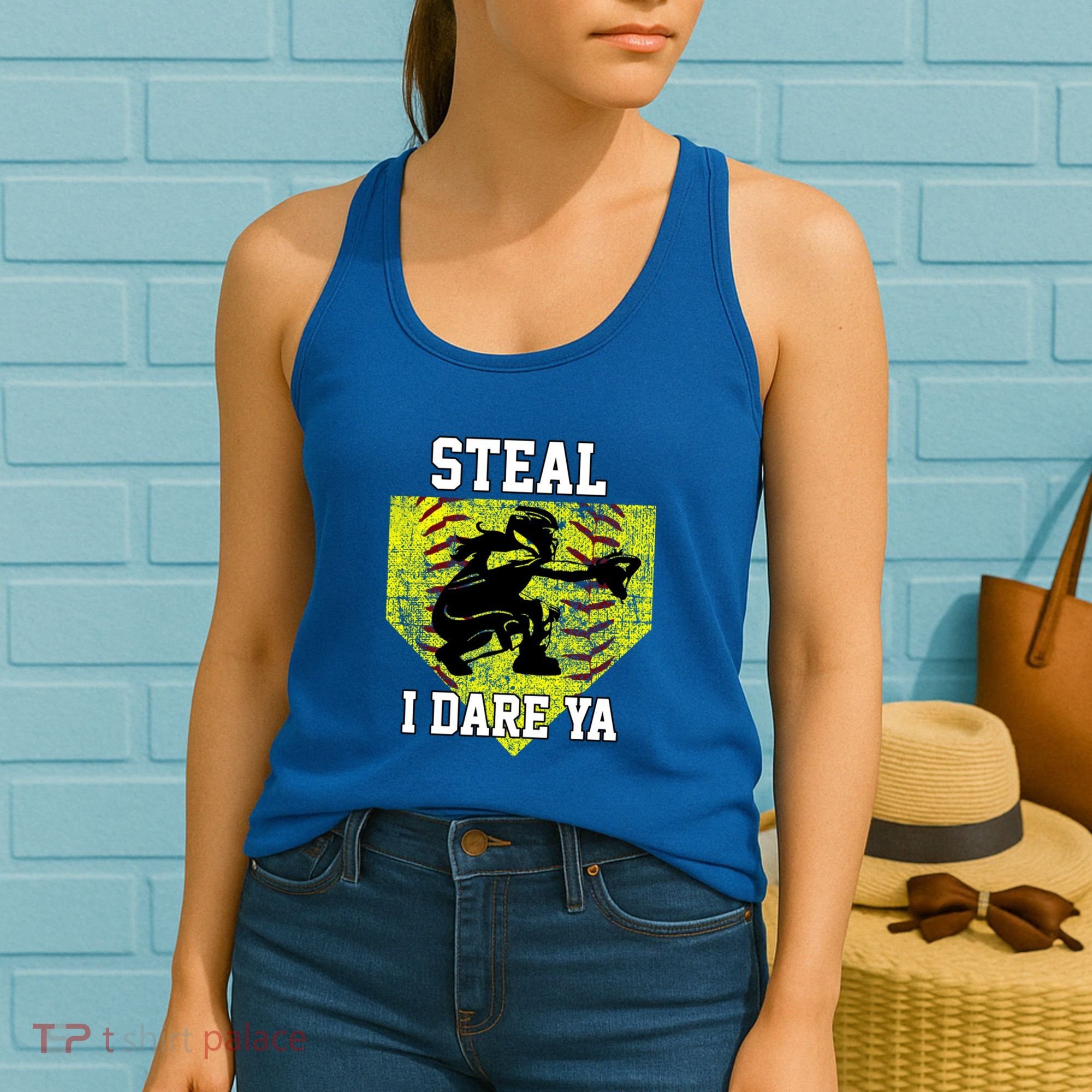 Softball Catcher Steal I Dare Ya Funny Player Gift Women's Tank Top