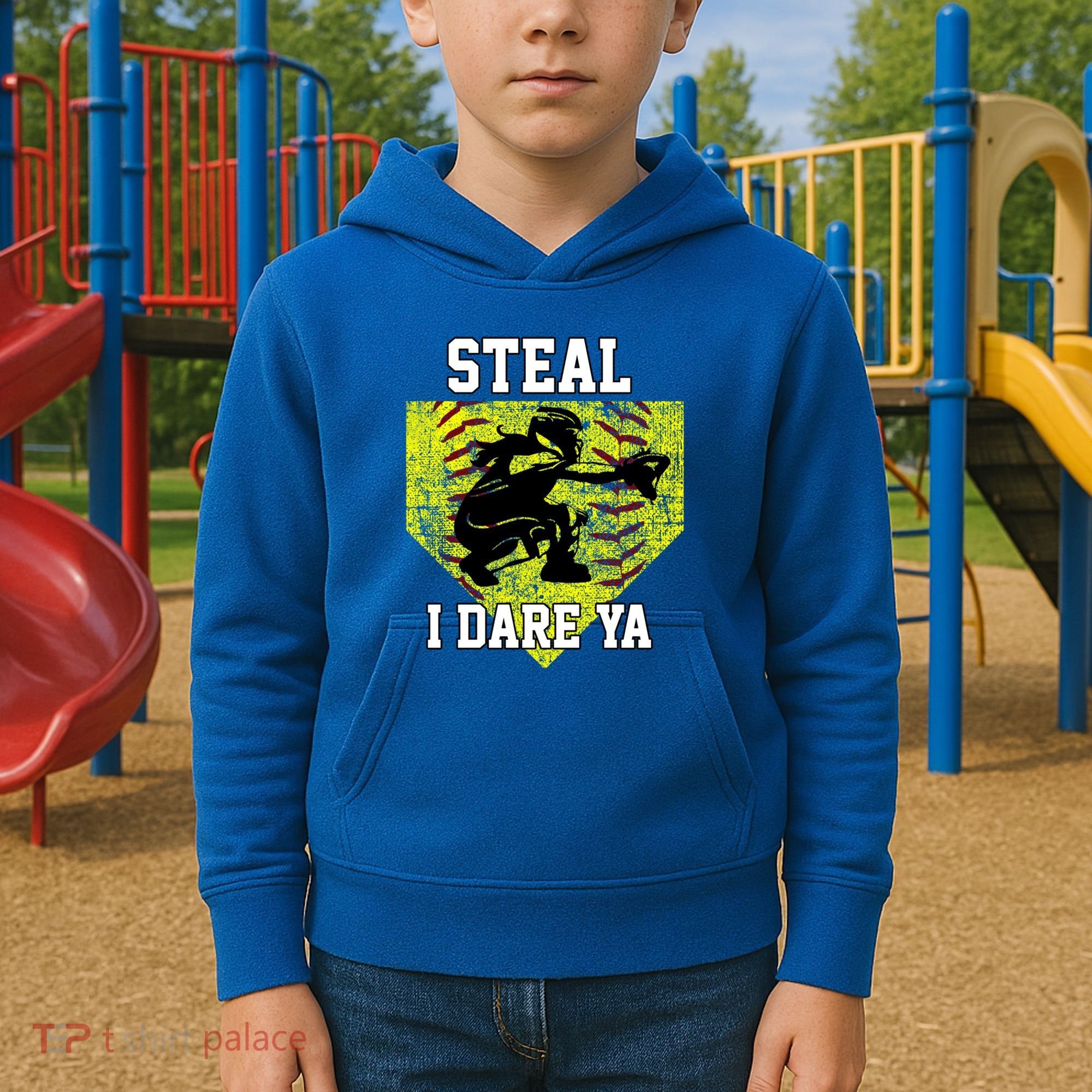 Softball Catcher Steal I Dare Ya Funny Player Gift Kids Hoodie