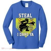 Softball Catcher Steal I Dare Ya Funny Player Gift Kids Long Sleeve Shirt thumb 0