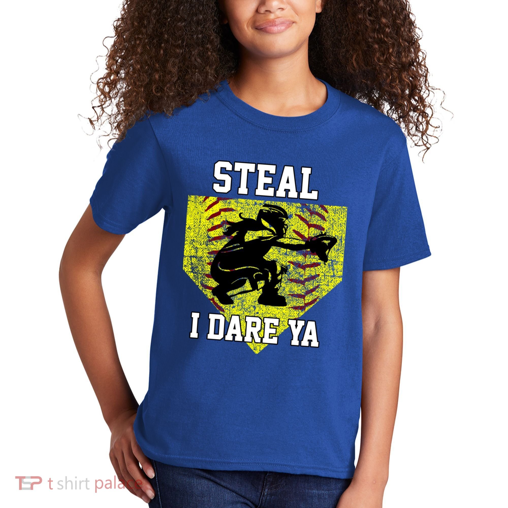 Softball Catcher Steal I Dare Ya Funny Player Gift Kids T-Shirt