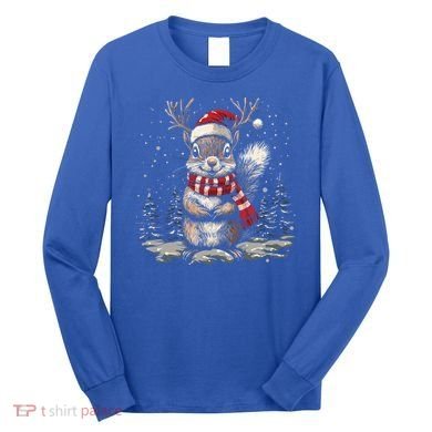 Squirrel Christmas Santa Hat Pajama Funny Squirrel Xmas Gift Long Sleeve Shirt