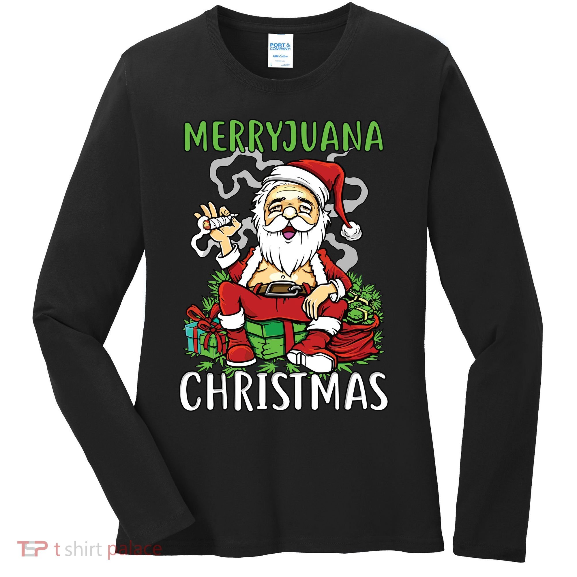 Santa Claus Smoking Weed Marryjuana Christmas 420 Women's Long Sleeve Shirt