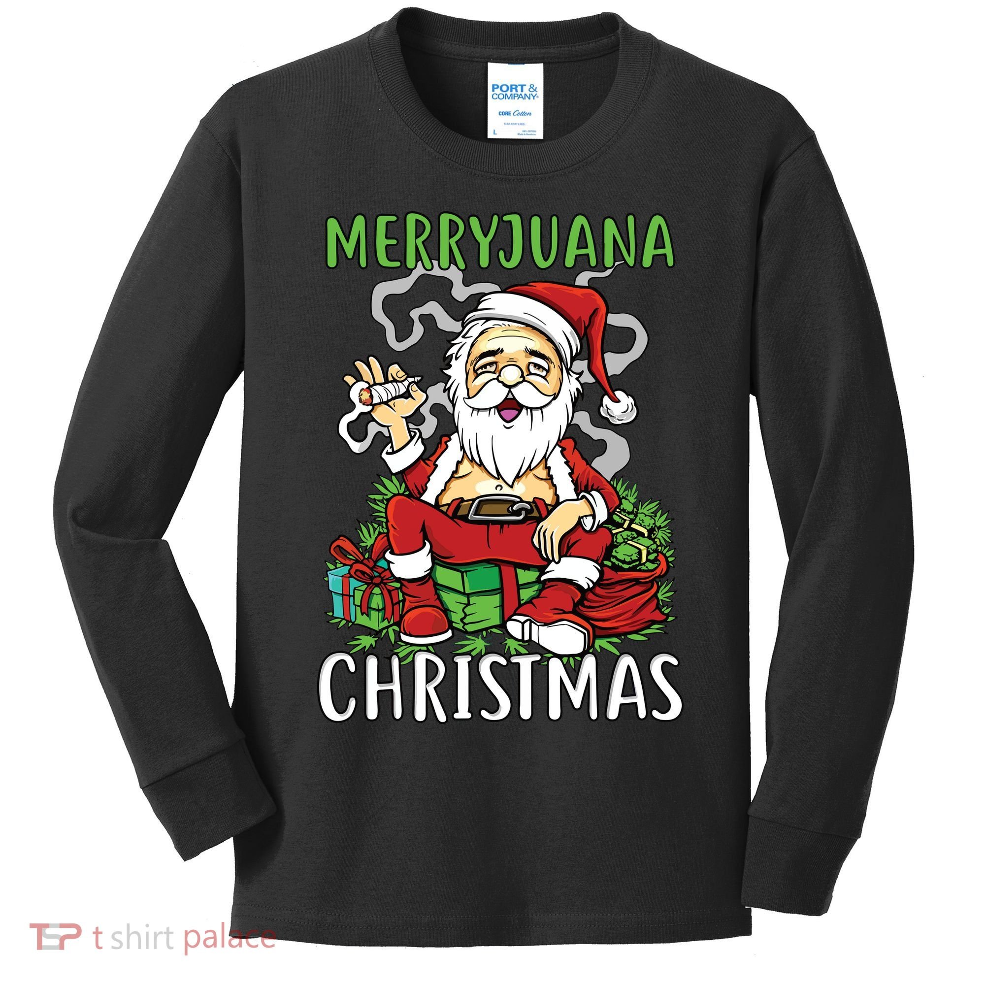 Santa Claus Smoking Weed Marryjuana Christmas 420 Kids Long Sleeve Shirt
