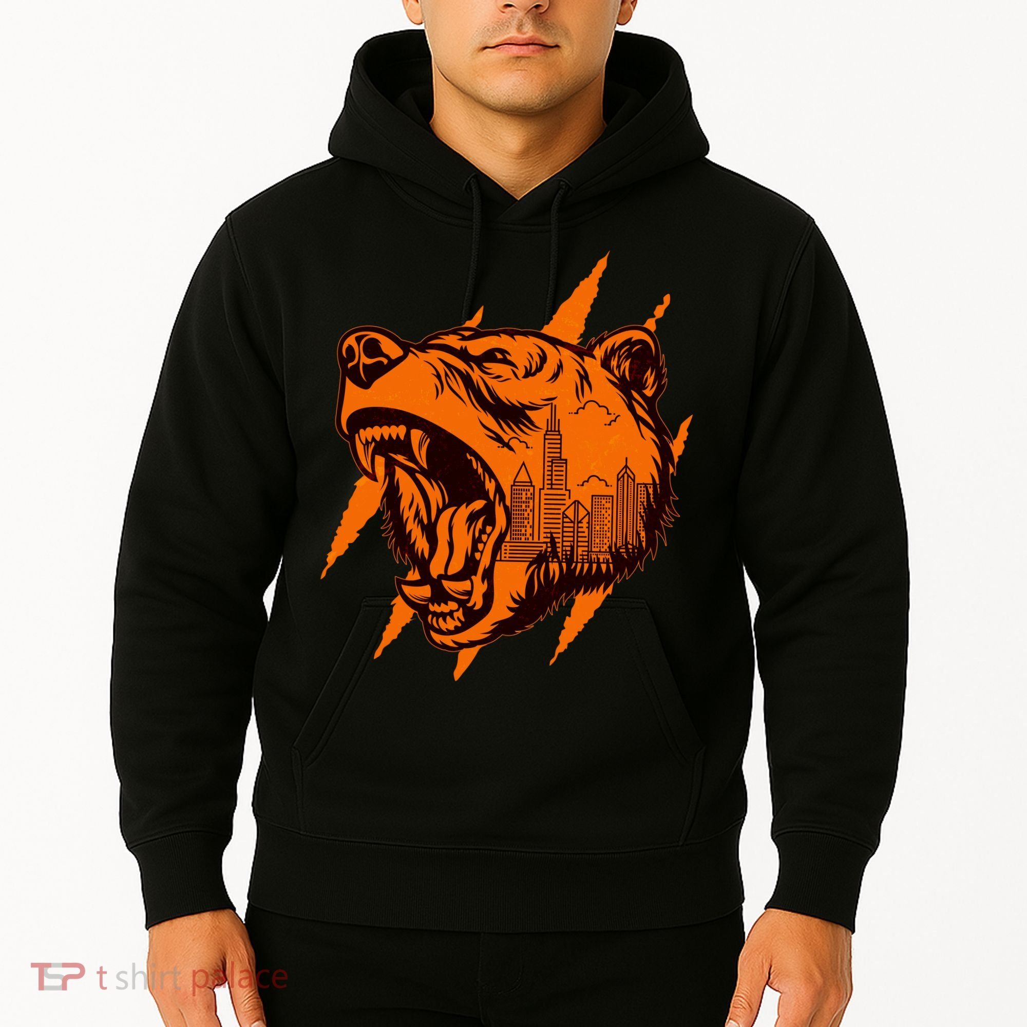 Sporty Chicago Skyline Roaring Bear Hoodie
