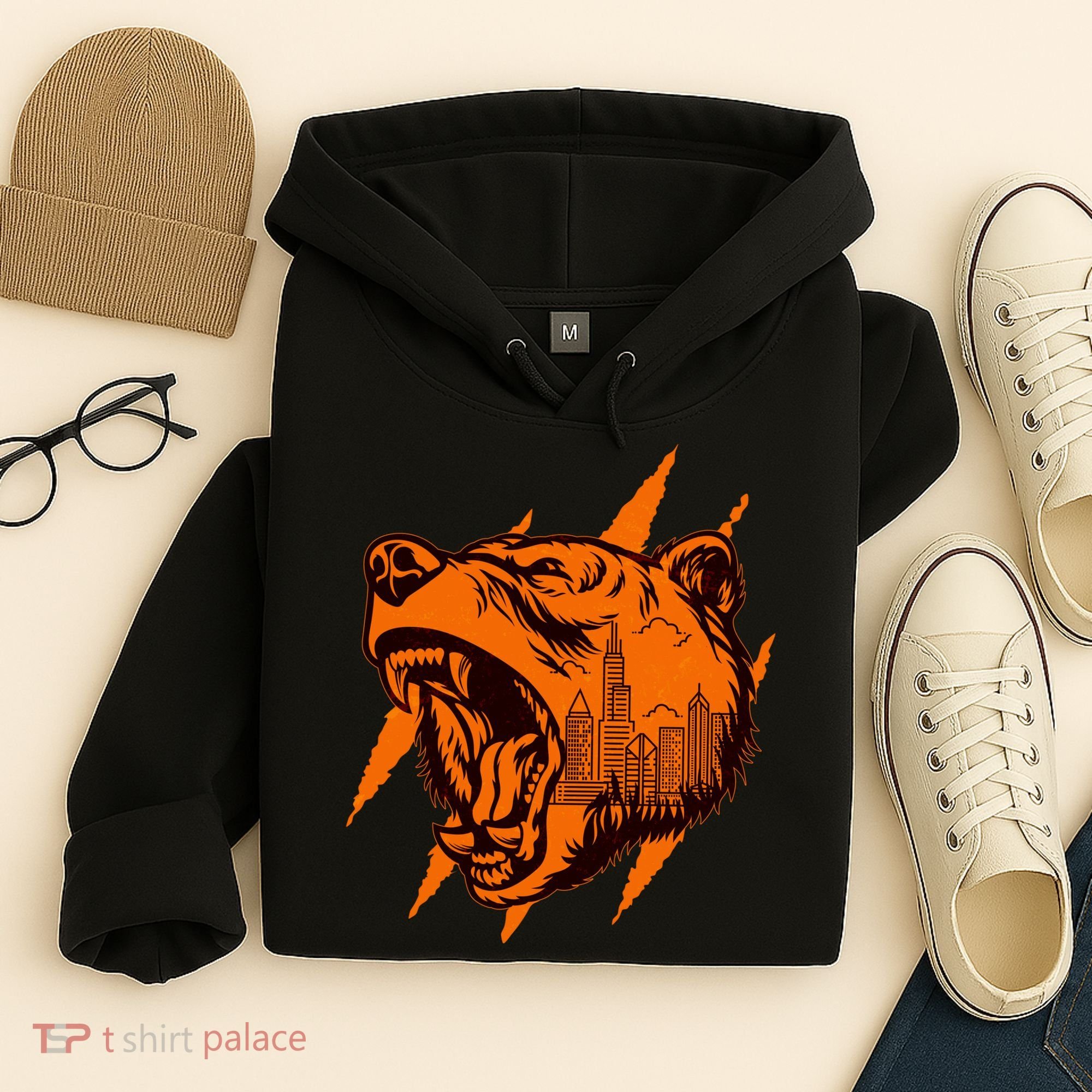 Sporty Chicago Skyline Roaring Bear Hoodie