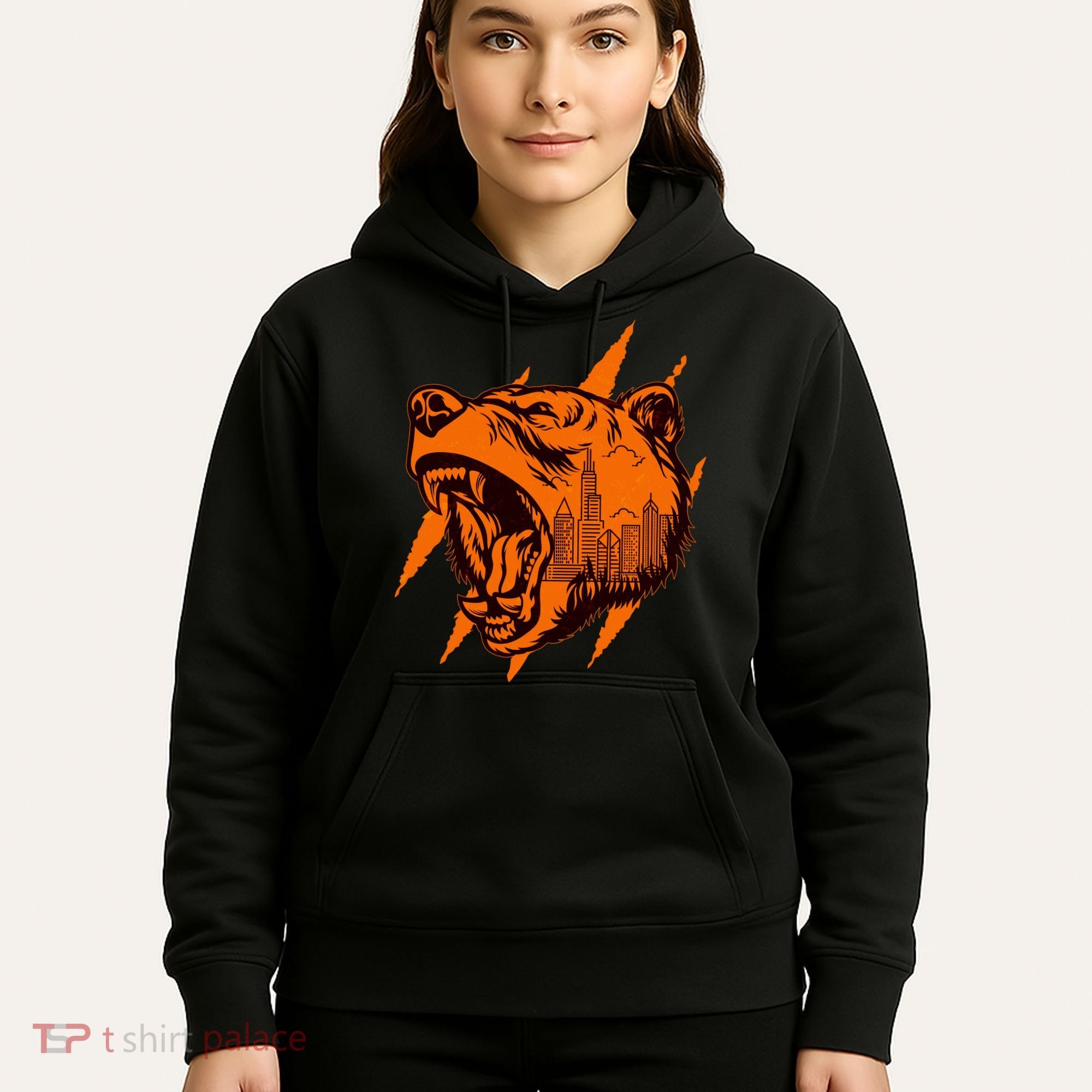 Sporty Chicago Skyline Roaring Bear Hoodie