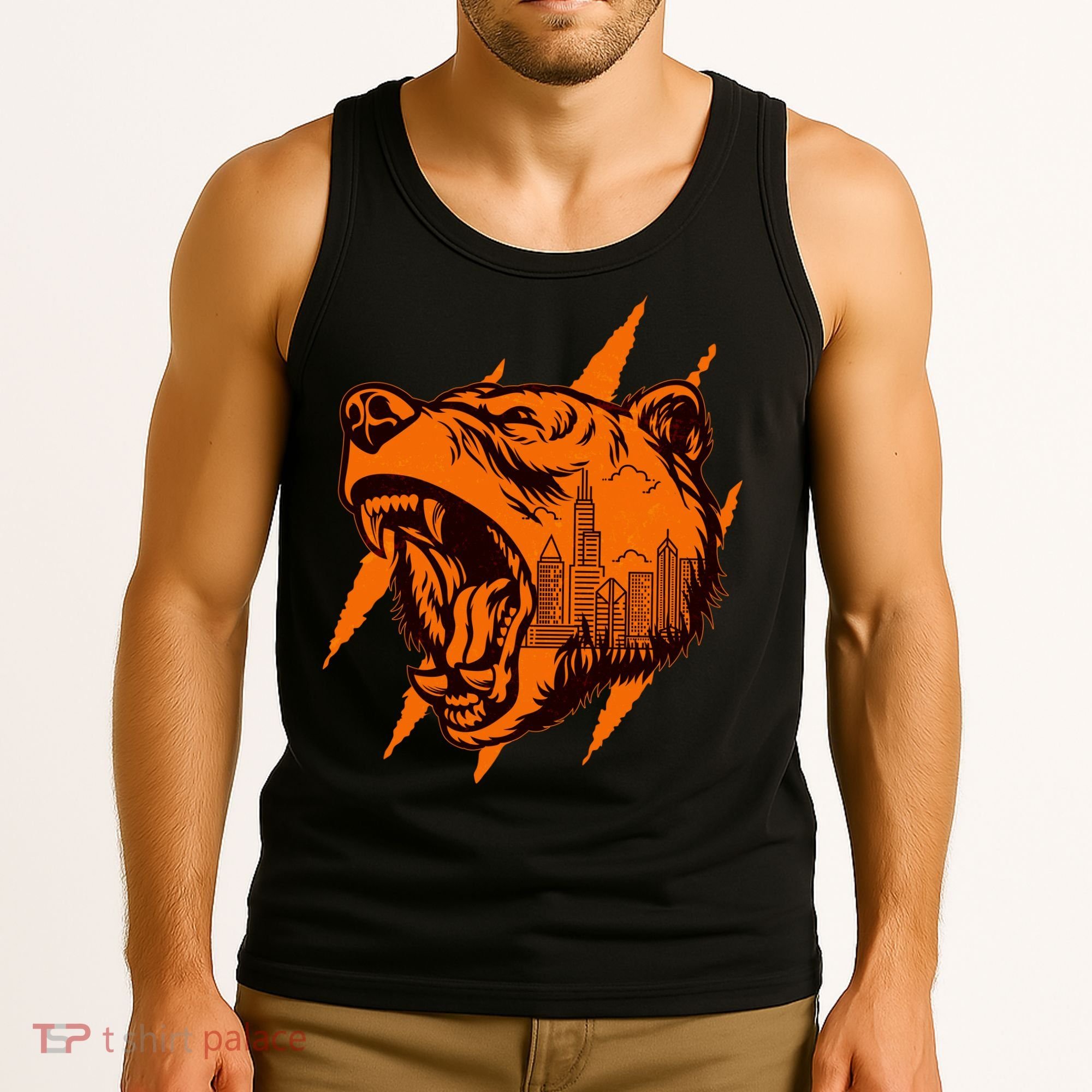 Sporty Chicago Skyline Roaring Bear Tank Top