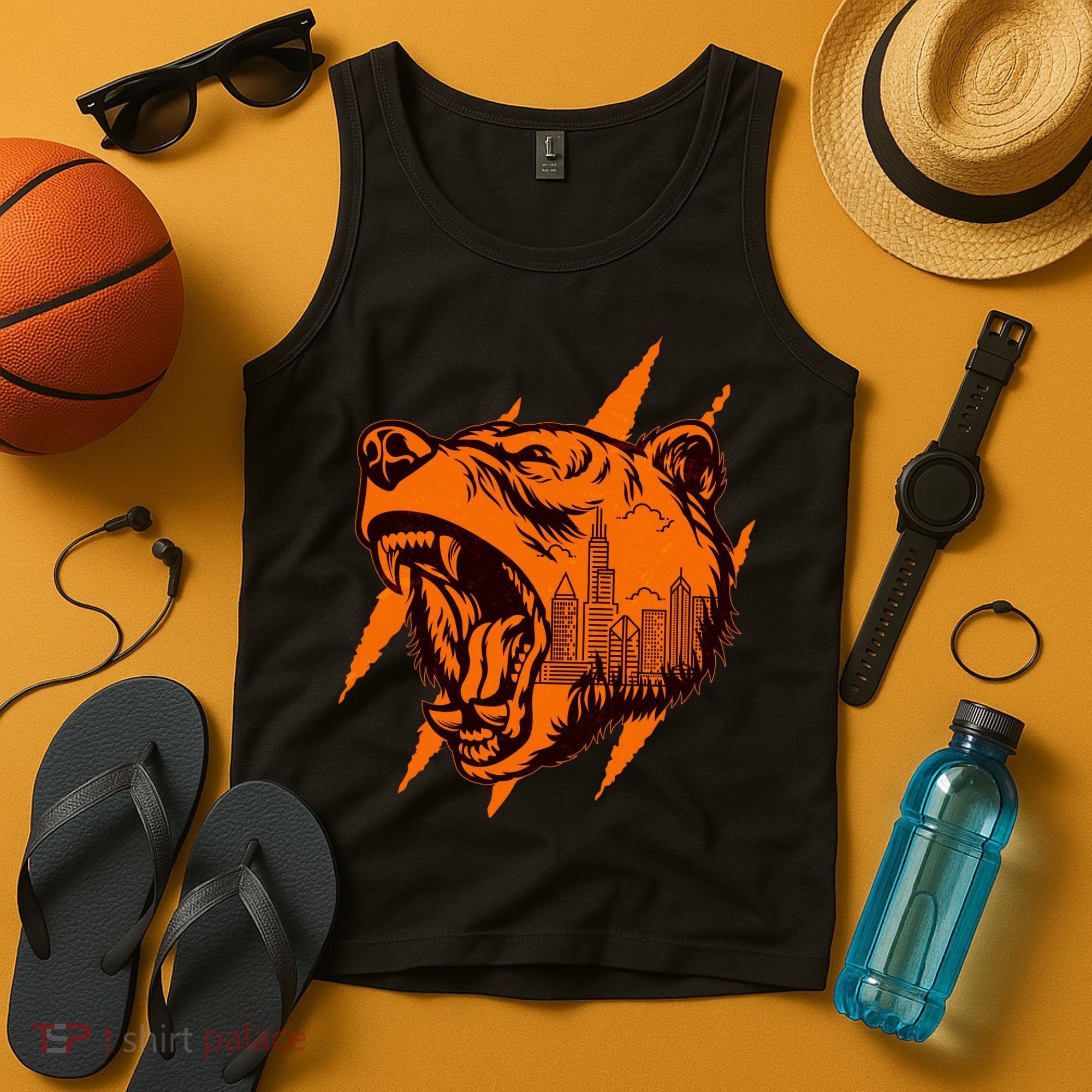 Sporty Chicago Skyline Roaring Bear Tank Top