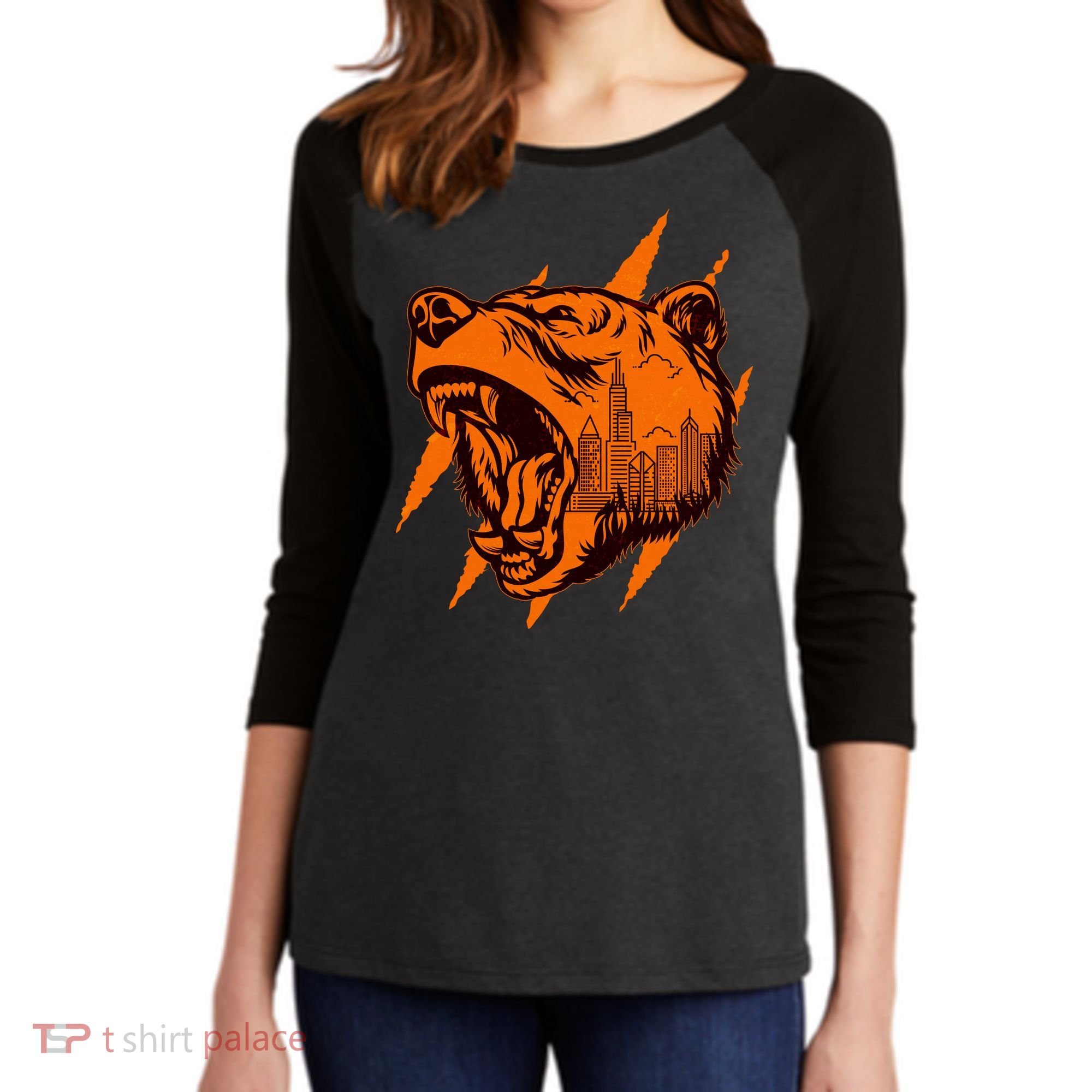 Sporty Chicago Skyline Roaring Bear Women's Tri-Blend 3/4-Sleeve Raglan Shirt