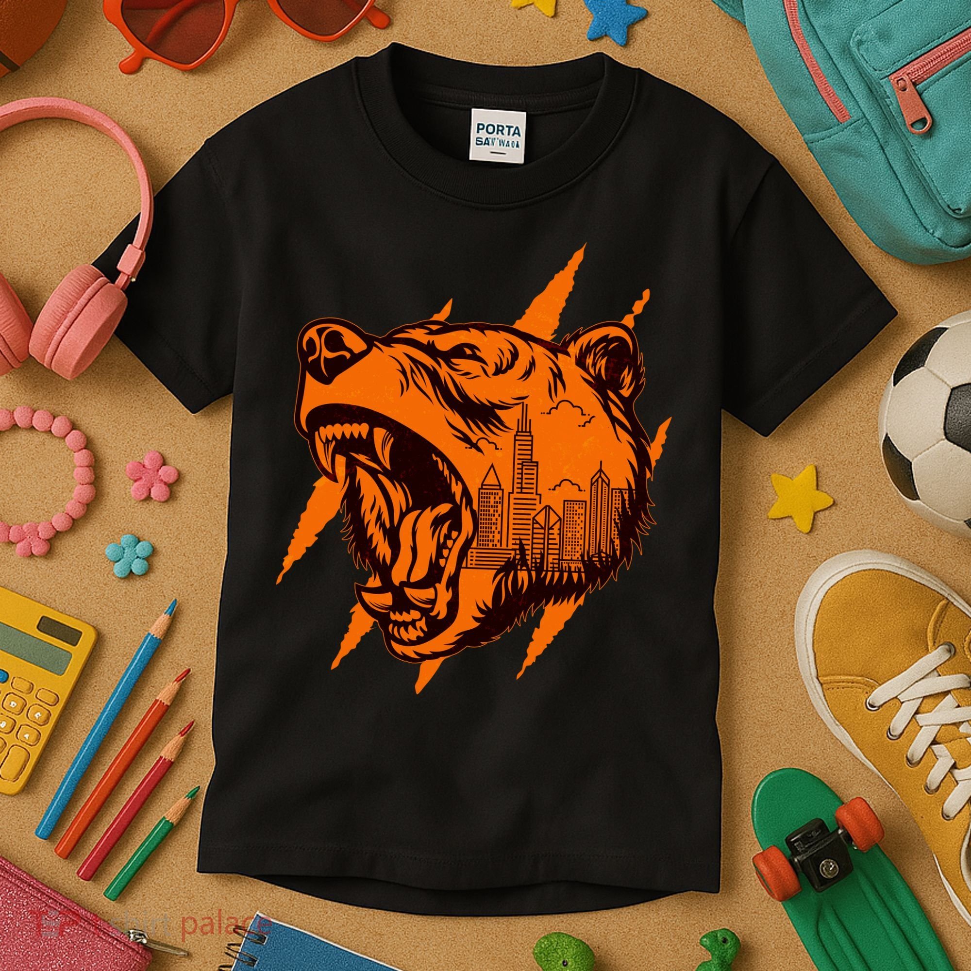 Sporty Chicago Skyline Roaring Bear Kids T-Shirt