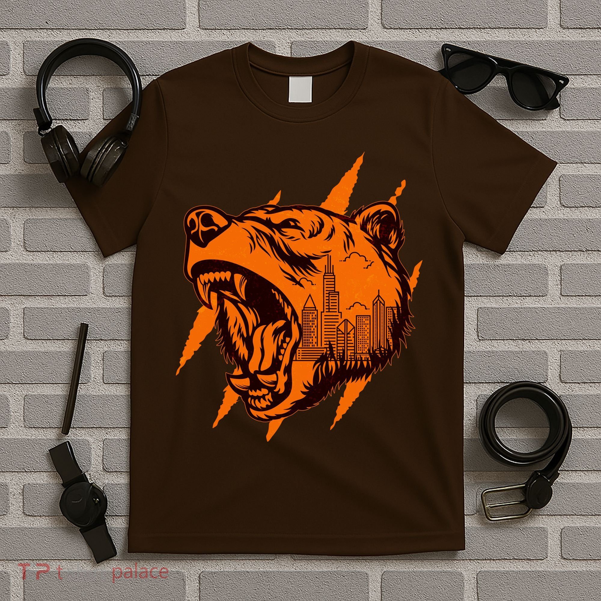 Sporty Chicago Skyline Roaring Bear T-Shirt