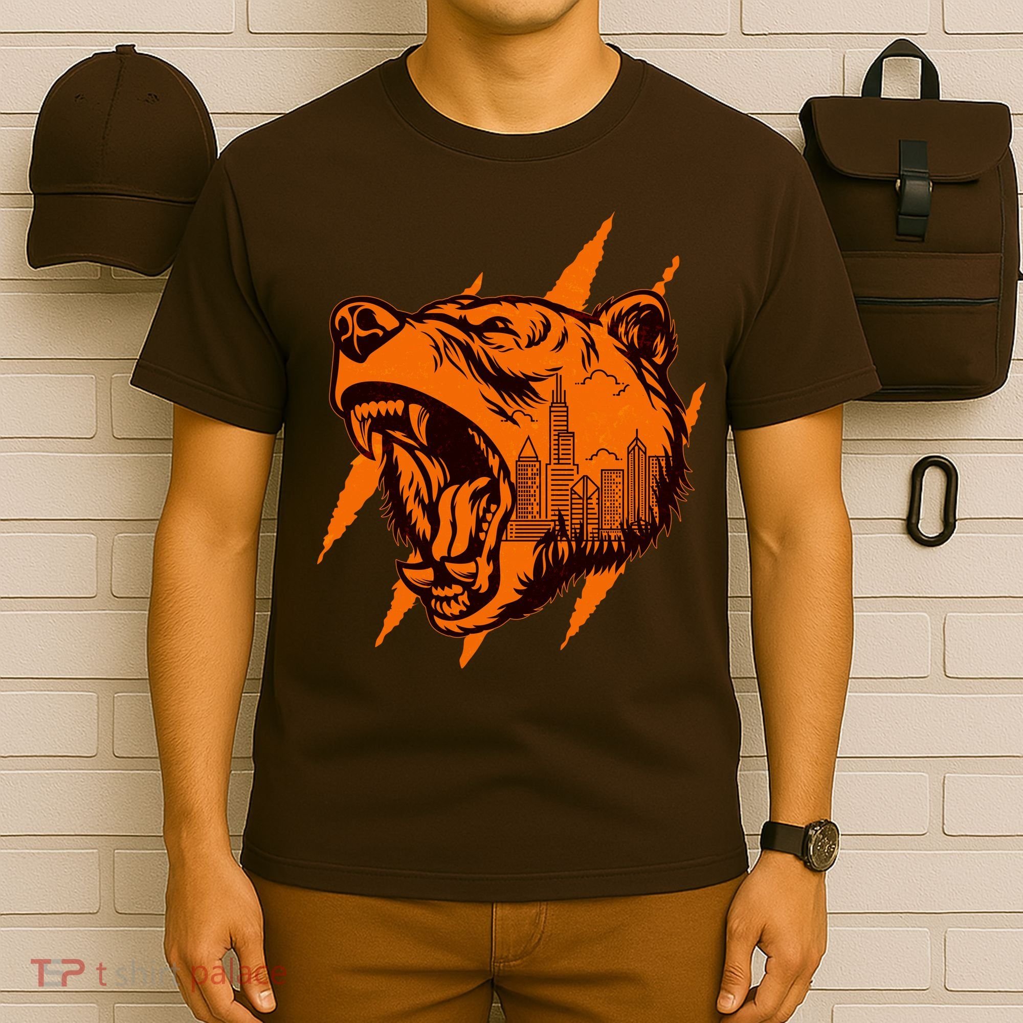 Sporty Chicago Skyline Roaring Bear T-Shirt