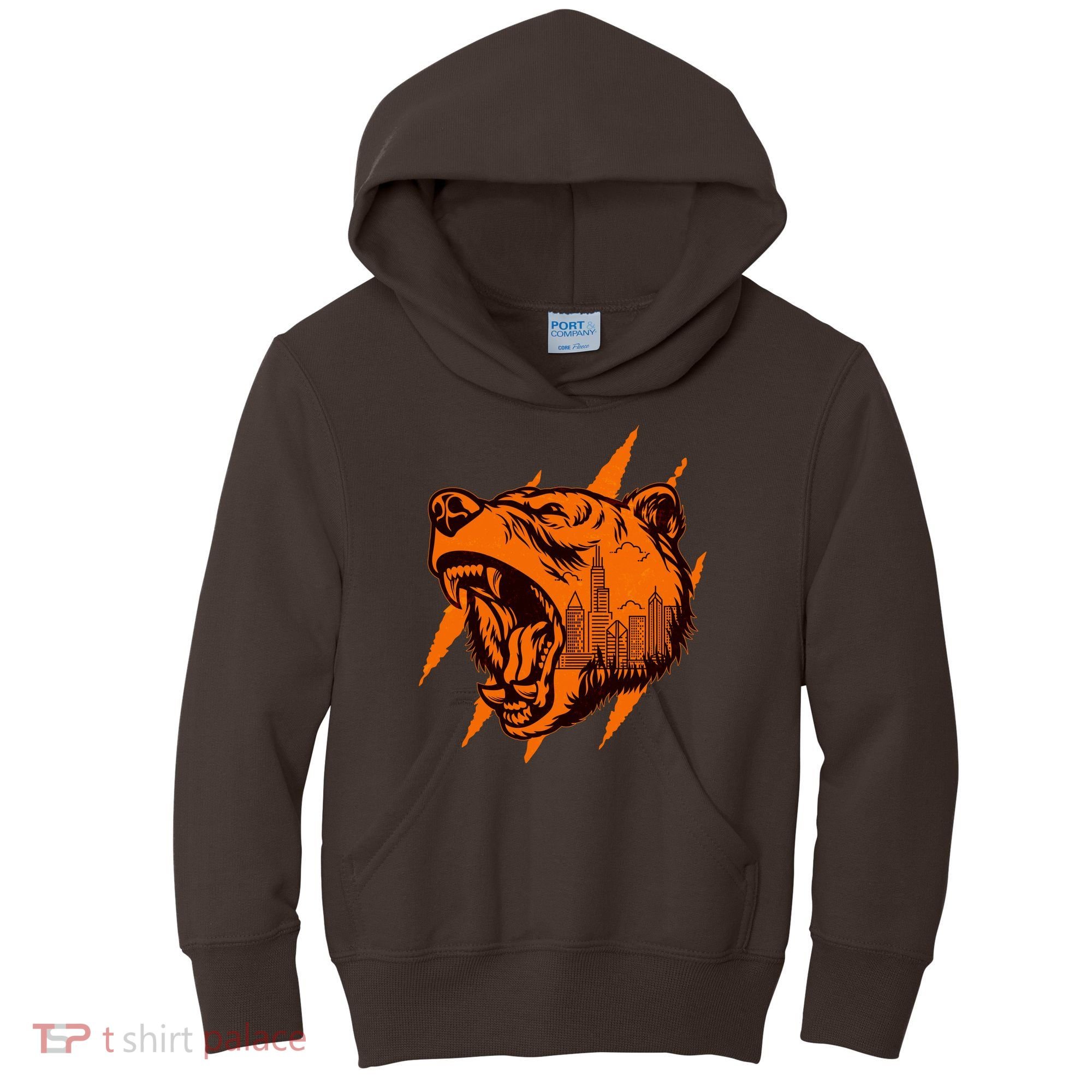 Sporty Chicago Skyline Roaring Bear Kids Hoodie