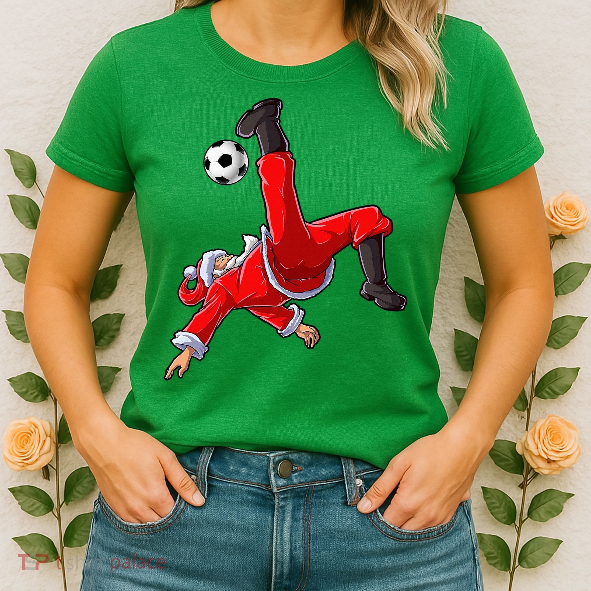 Soccer Christmas Santa Bicycle Kick Xmas Ball Sport Women's T-Shirt