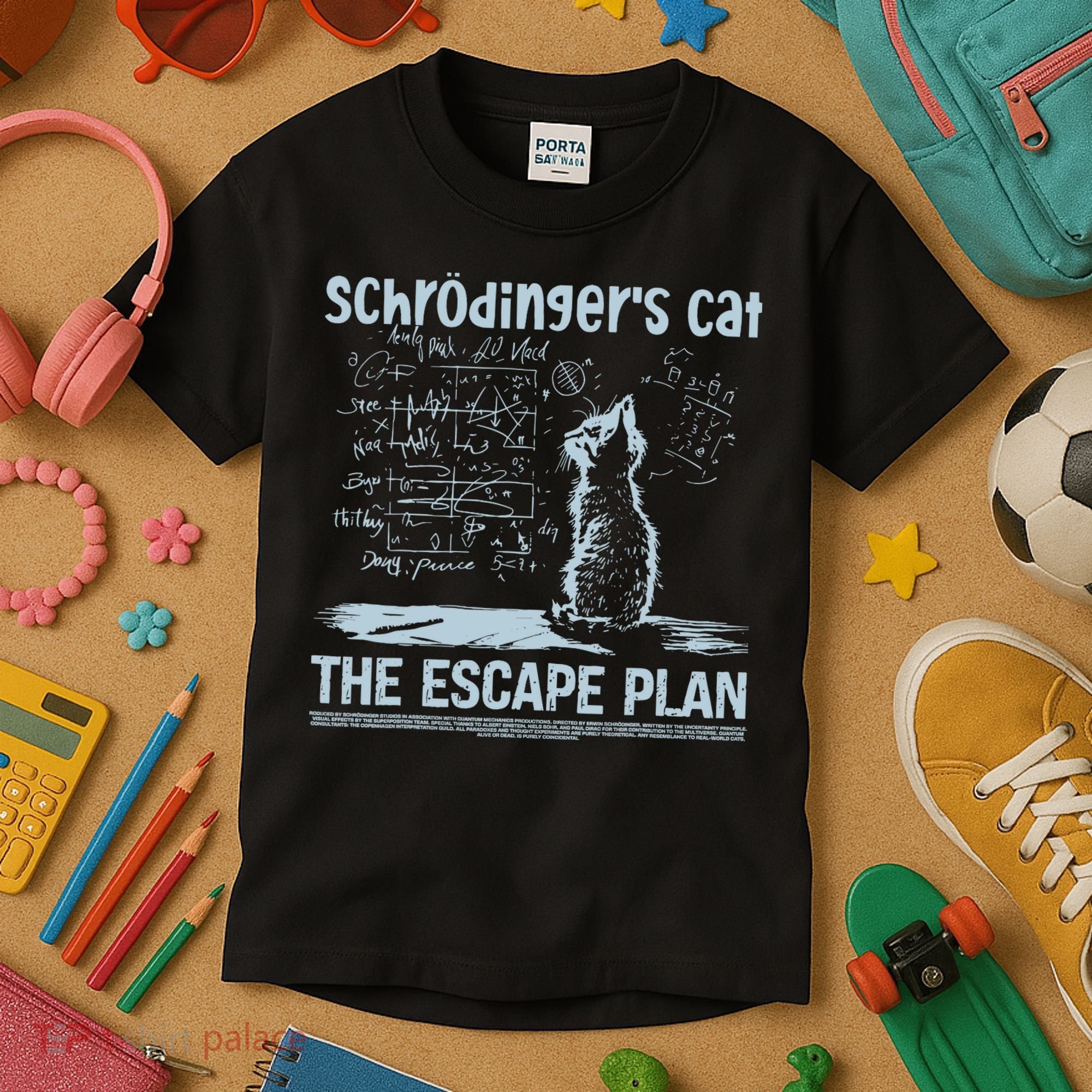 SchröDingers Cat The Escape Plan Funny Science Teacher Kids T-Shirt