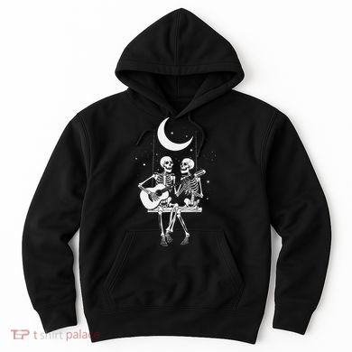 Skeleton Couple Under The Moon Playing Guitar Graphic Hoodie