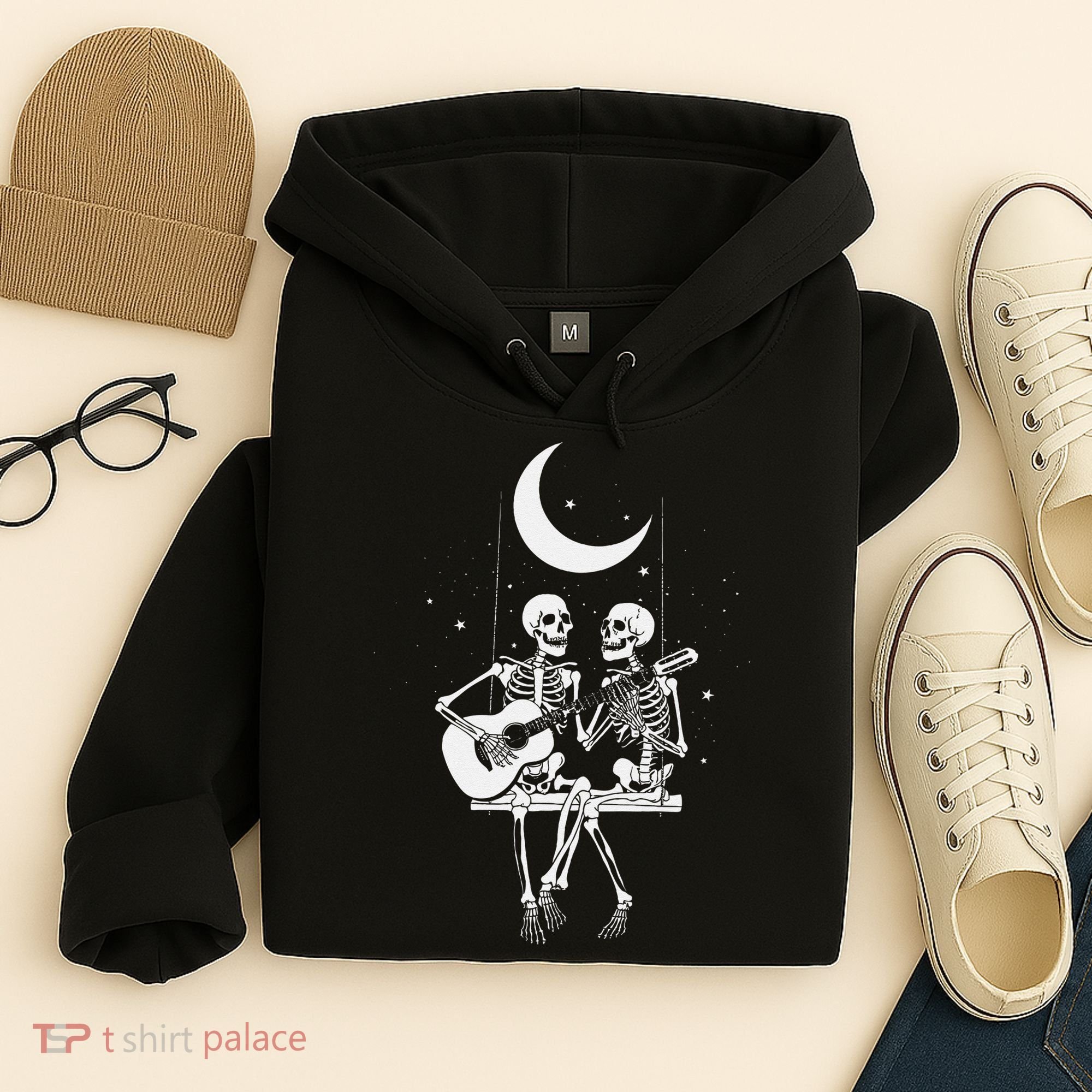 Skeleton Couple Under The Moon Playing Guitar Graphic Hoodie