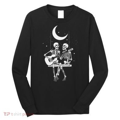Skeleton Couple Under The Moon Playing Guitar Graphic Long Sleeve Shirt