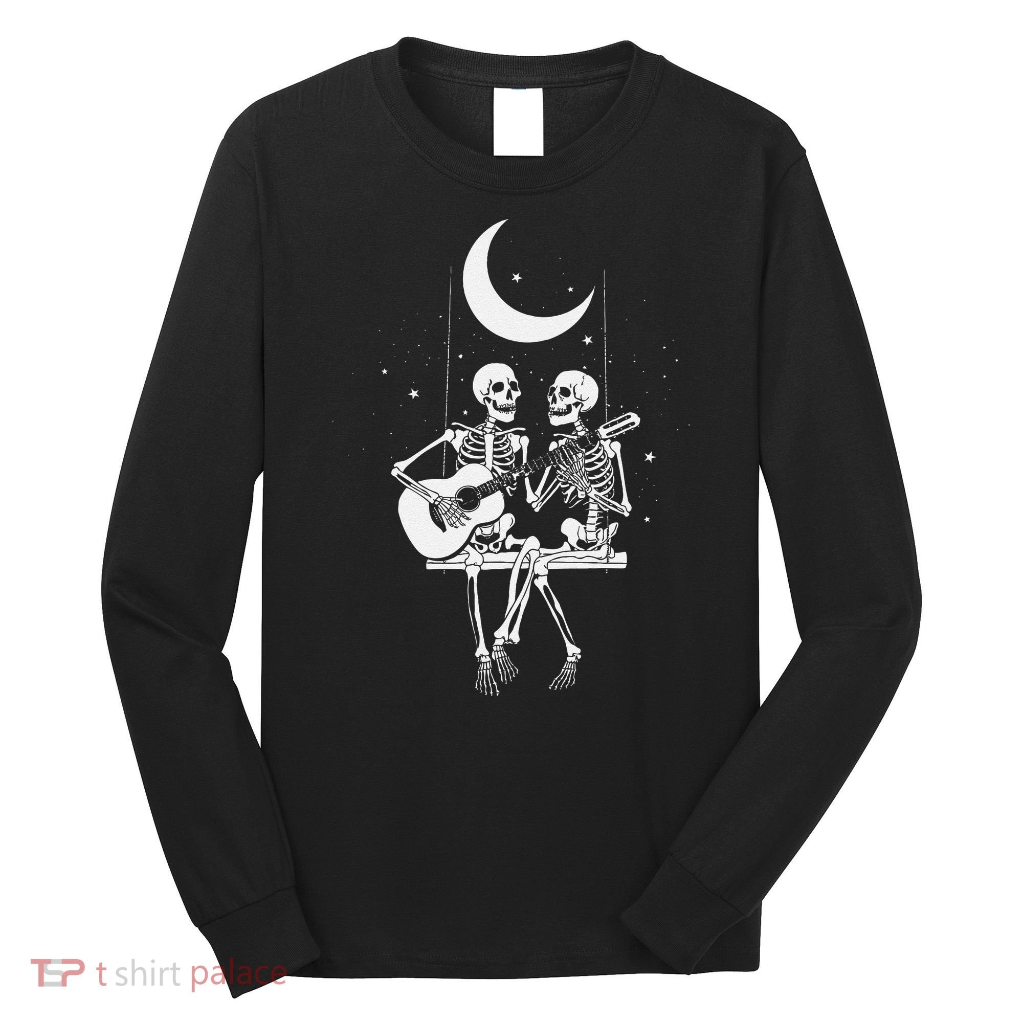 Skeleton Couple Under The Moon Playing Guitar Graphic Long Sleeve Shirt