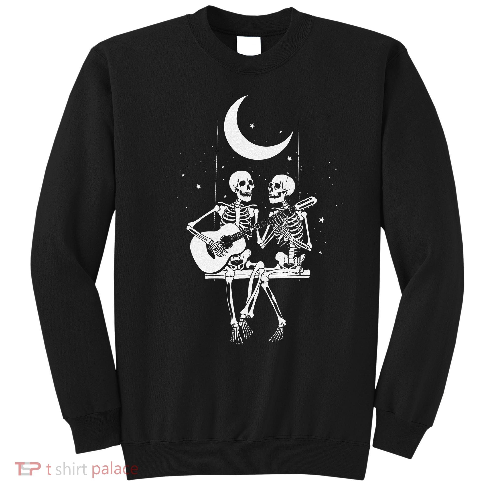 Skeleton Couple Under The Moon Playing Guitar Graphic Sweatshirt