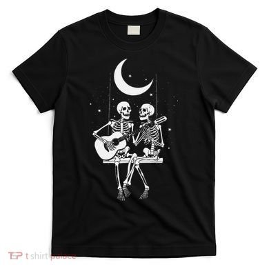 Skeleton Couple Under The Moon Playing Guitar Graphic T-Shirt