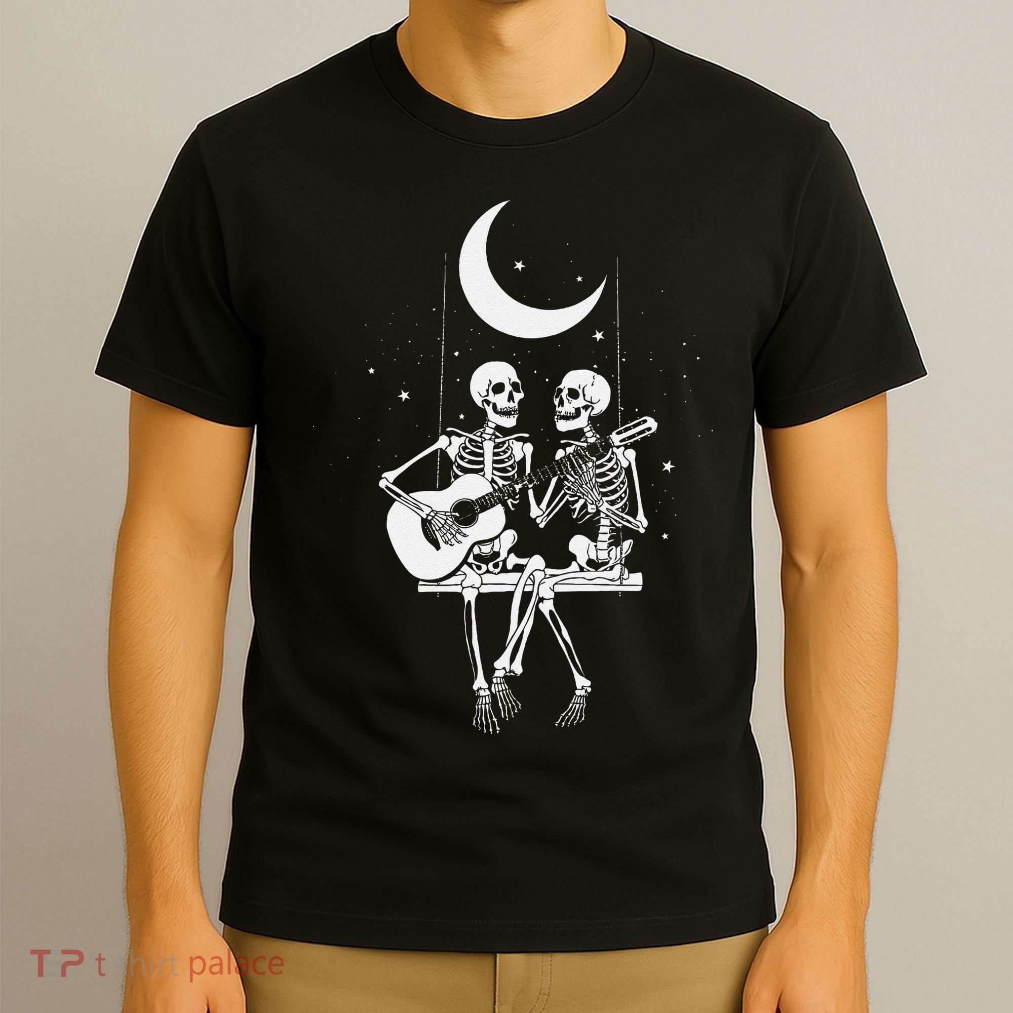 Skeleton Couple Under The Moon Playing Guitar Graphic T-Shirt