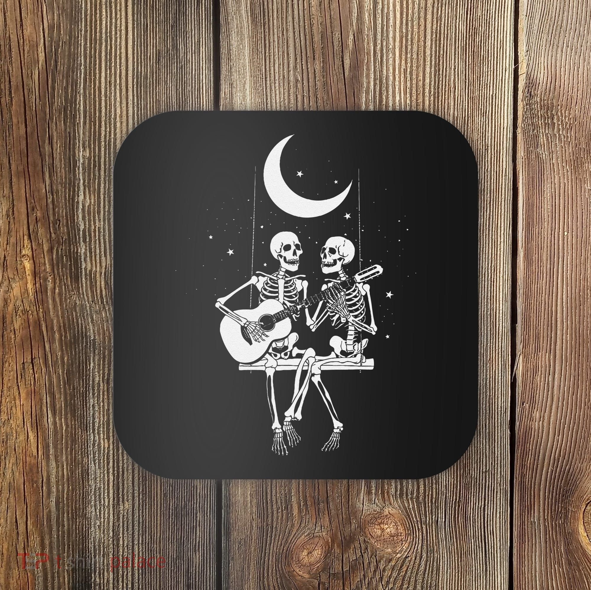 Skeleton Couple Under The Moon Playing Guitar Graphic Coaster
