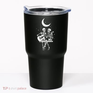 Skeleton Couple Under The Moon Playing Guitar Graphic Tumbler