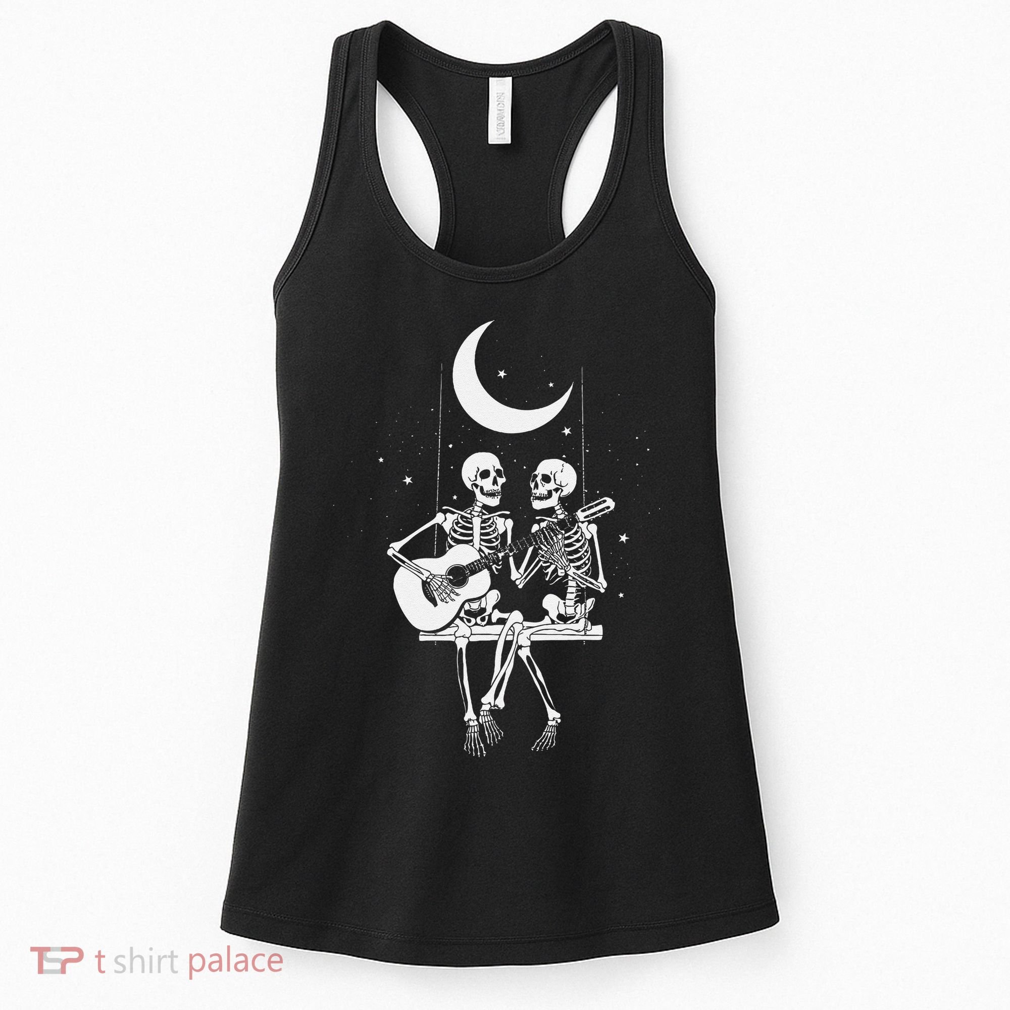 Skeleton Couple Under The Moon Playing Guitar Graphic Women's Tank Top