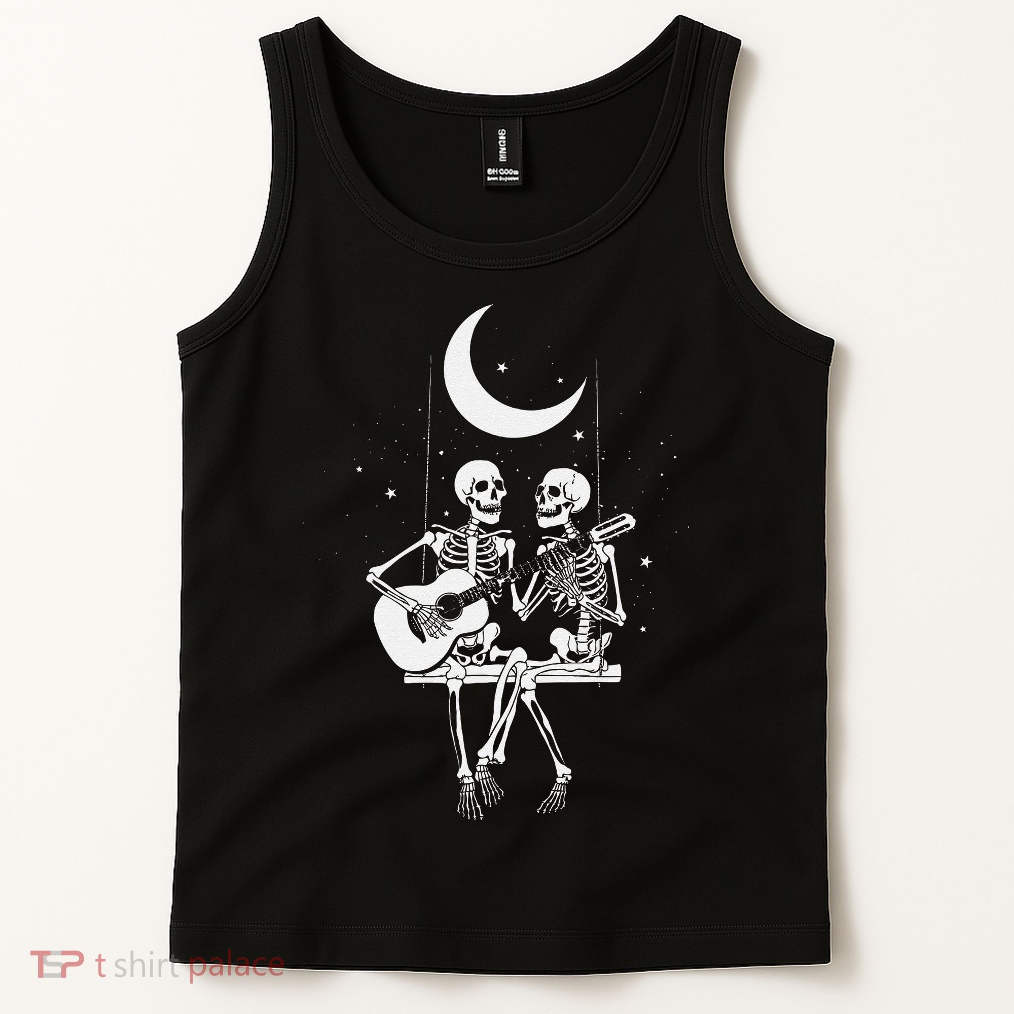 Skeleton Couple Under The Moon Playing Guitar Graphic Tank Top