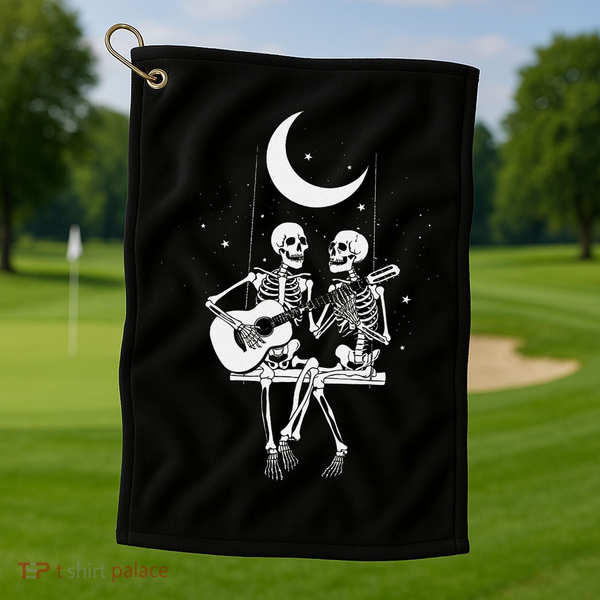Skeleton Couple Under The Moon Playing Guitar Graphic Golf Towel