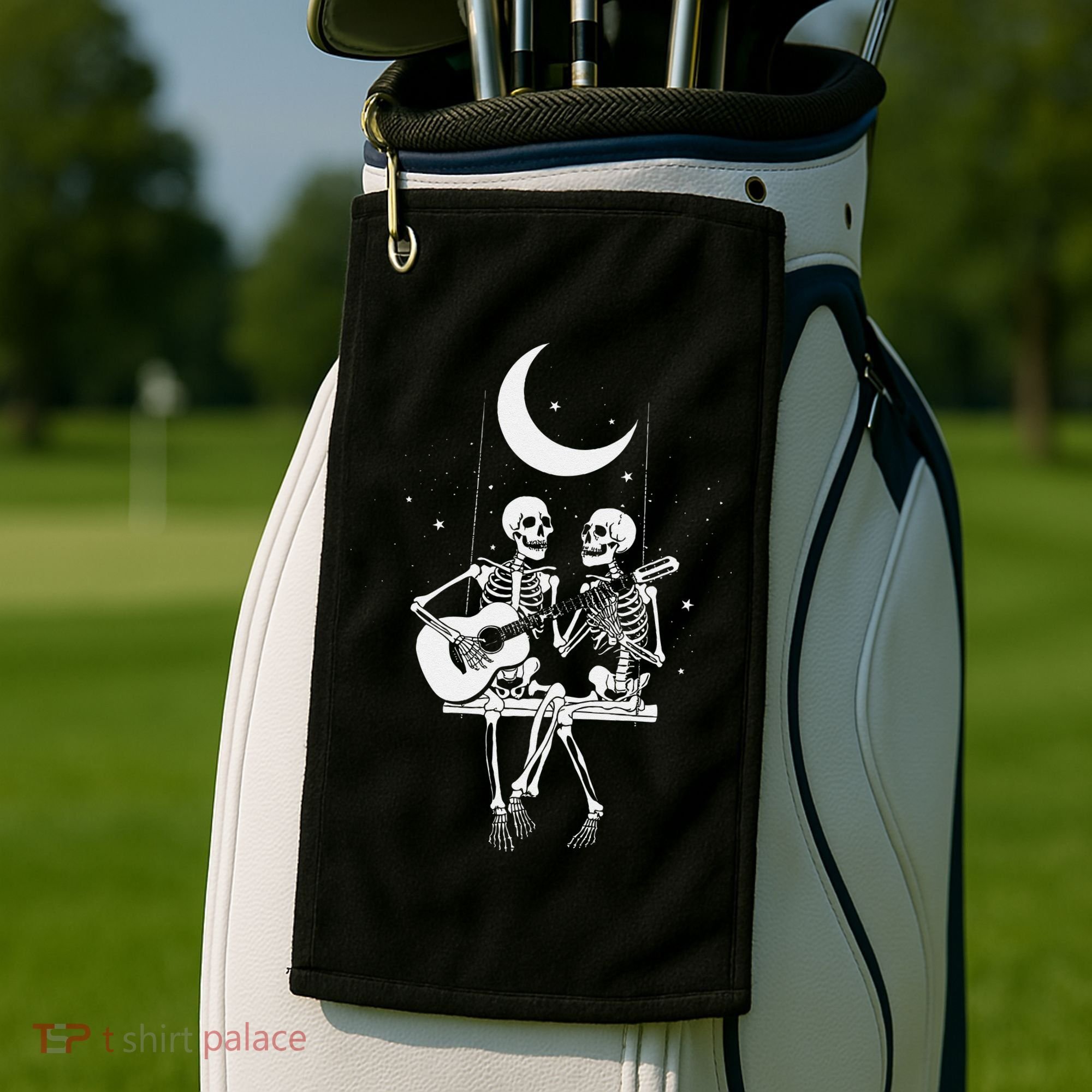 Skeleton Couple Under The Moon Playing Guitar Graphic Golf Towel