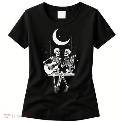 Skeleton Couple Under The Moon Playing Guitar Graphic Women's T-Shirt