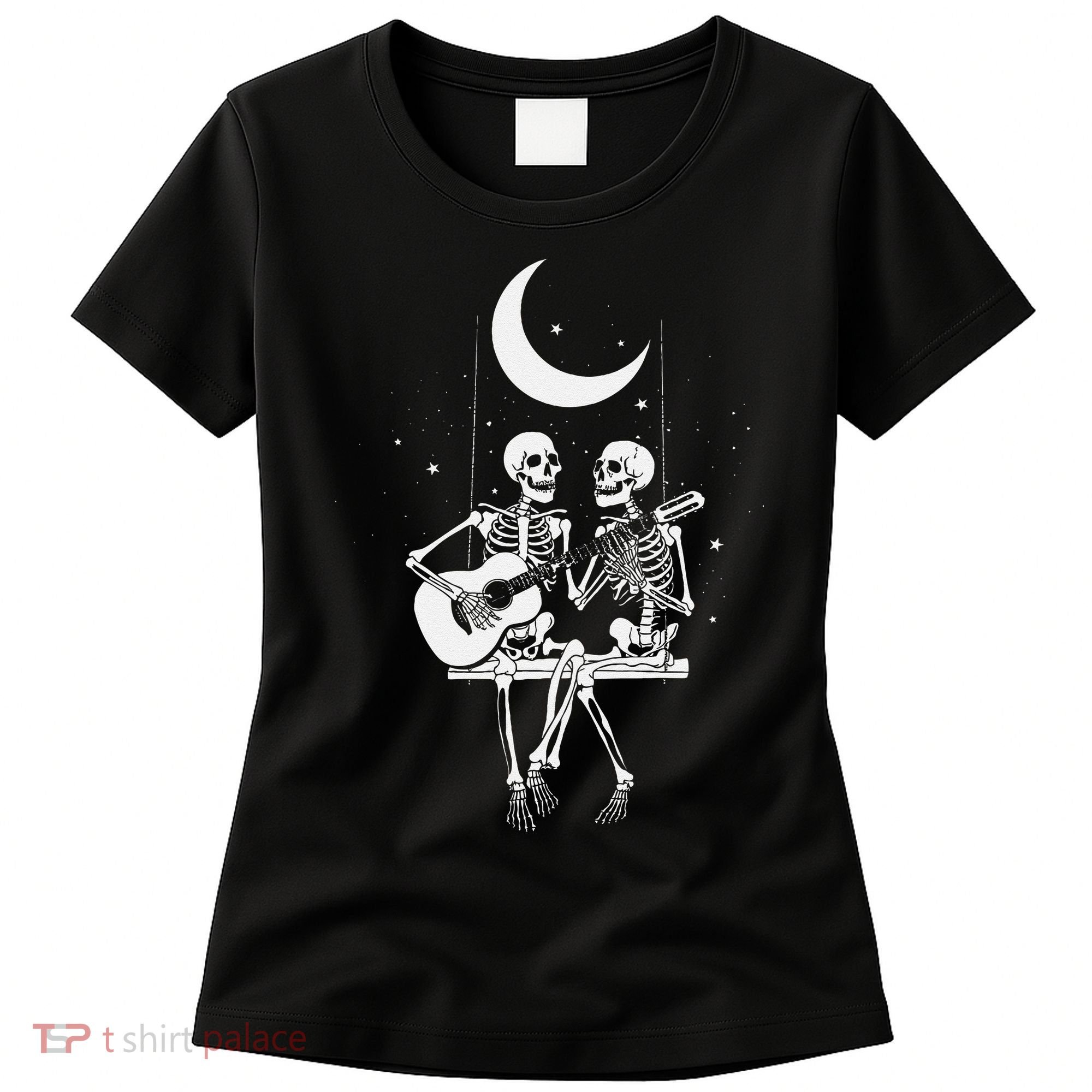 Skeleton Couple Under The Moon Playing Guitar Graphic Women's T-Shirt