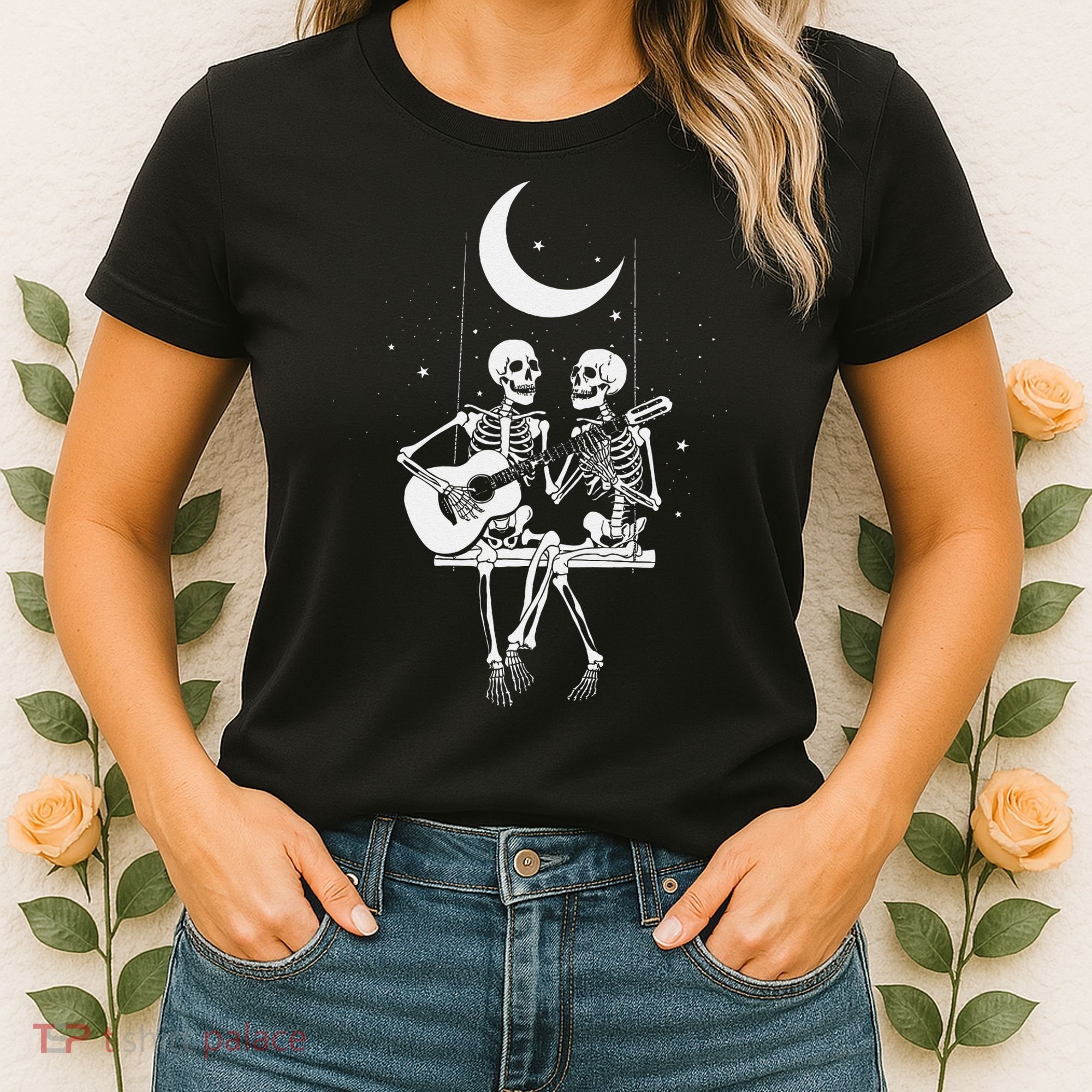 Skeleton Couple Under The Moon Playing Guitar Graphic Women's T-Shirt