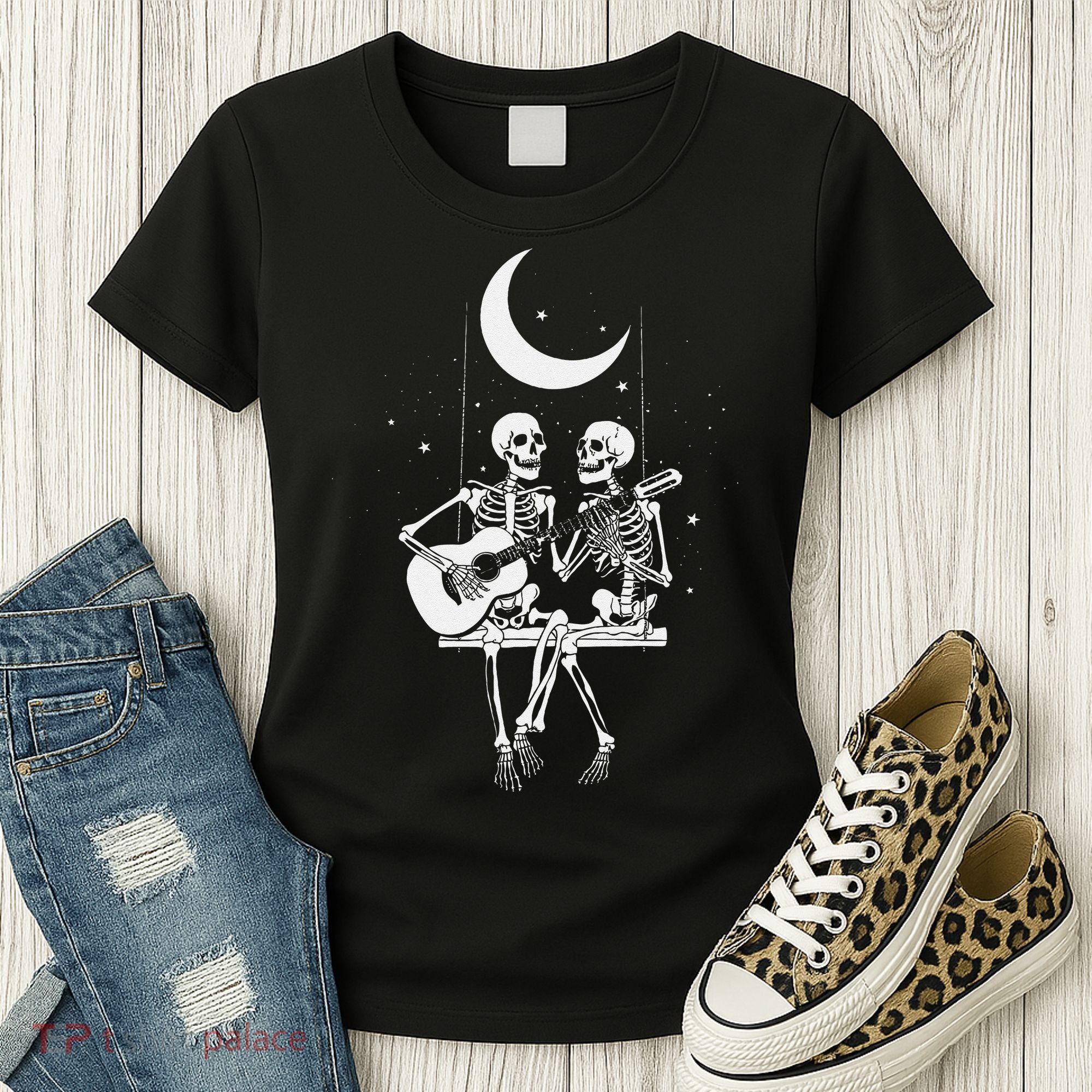 Skeleton Couple Under The Moon Playing Guitar Graphic Women's T-Shirt