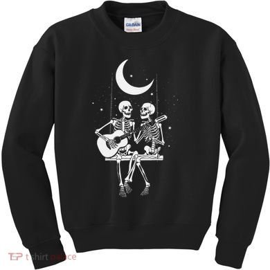 Skeleton Couple Under The Moon Playing Guitar Graphic Kids Sweatshirt