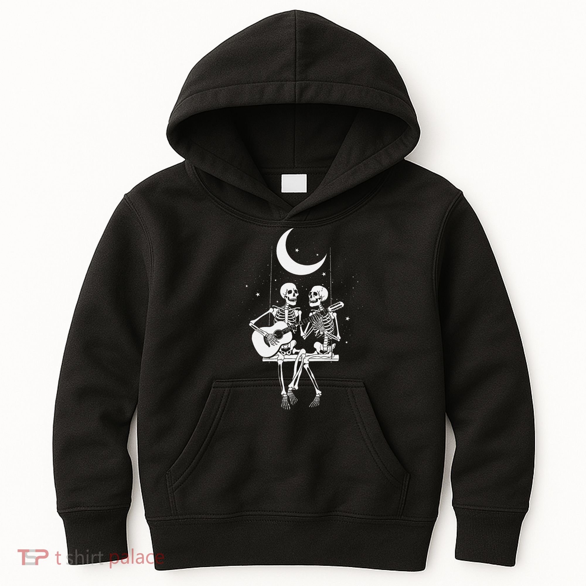 Skeleton Couple Under The Moon Playing Guitar Graphic Kids Hoodie