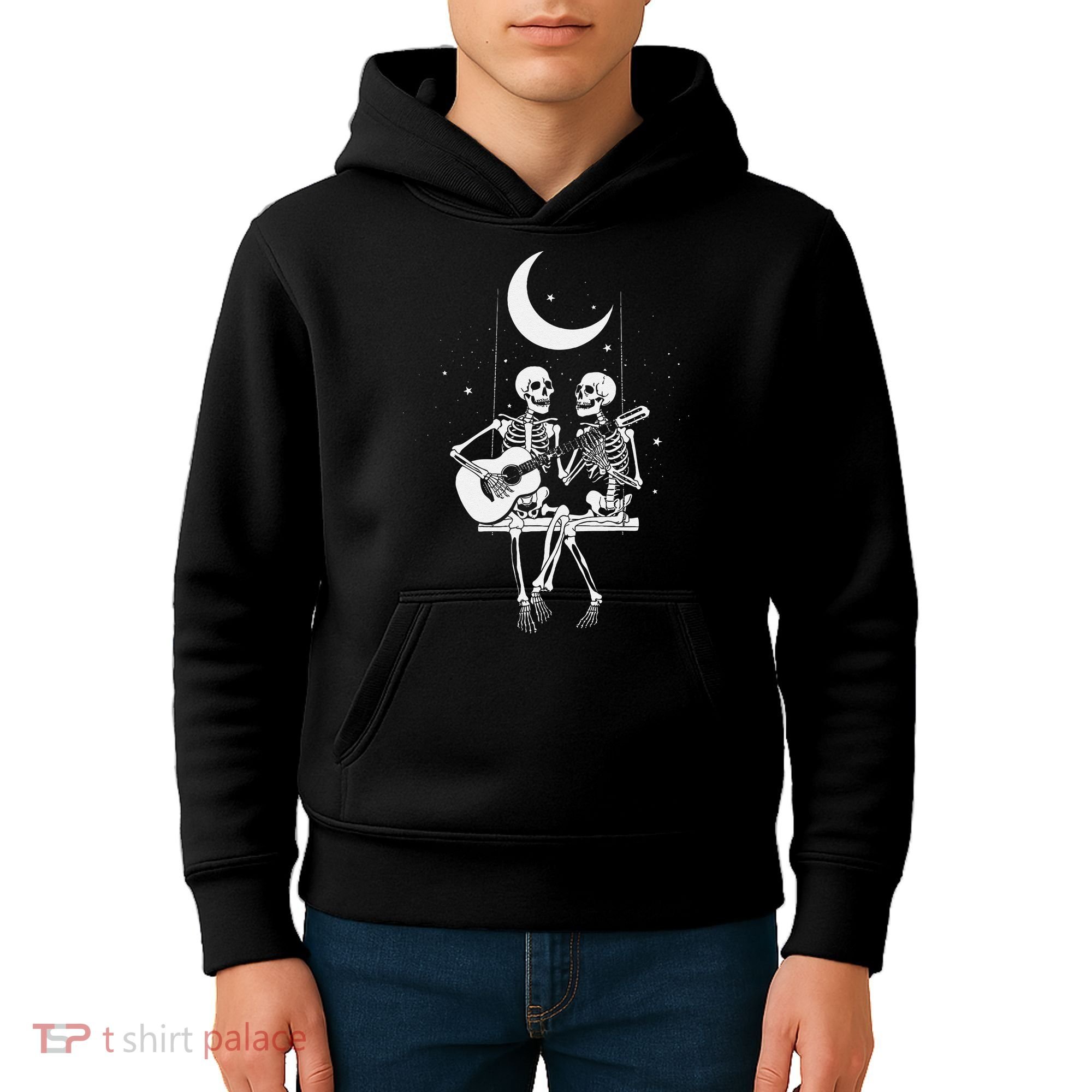 Skeleton Couple Under The Moon Playing Guitar Graphic Kids Hoodie
