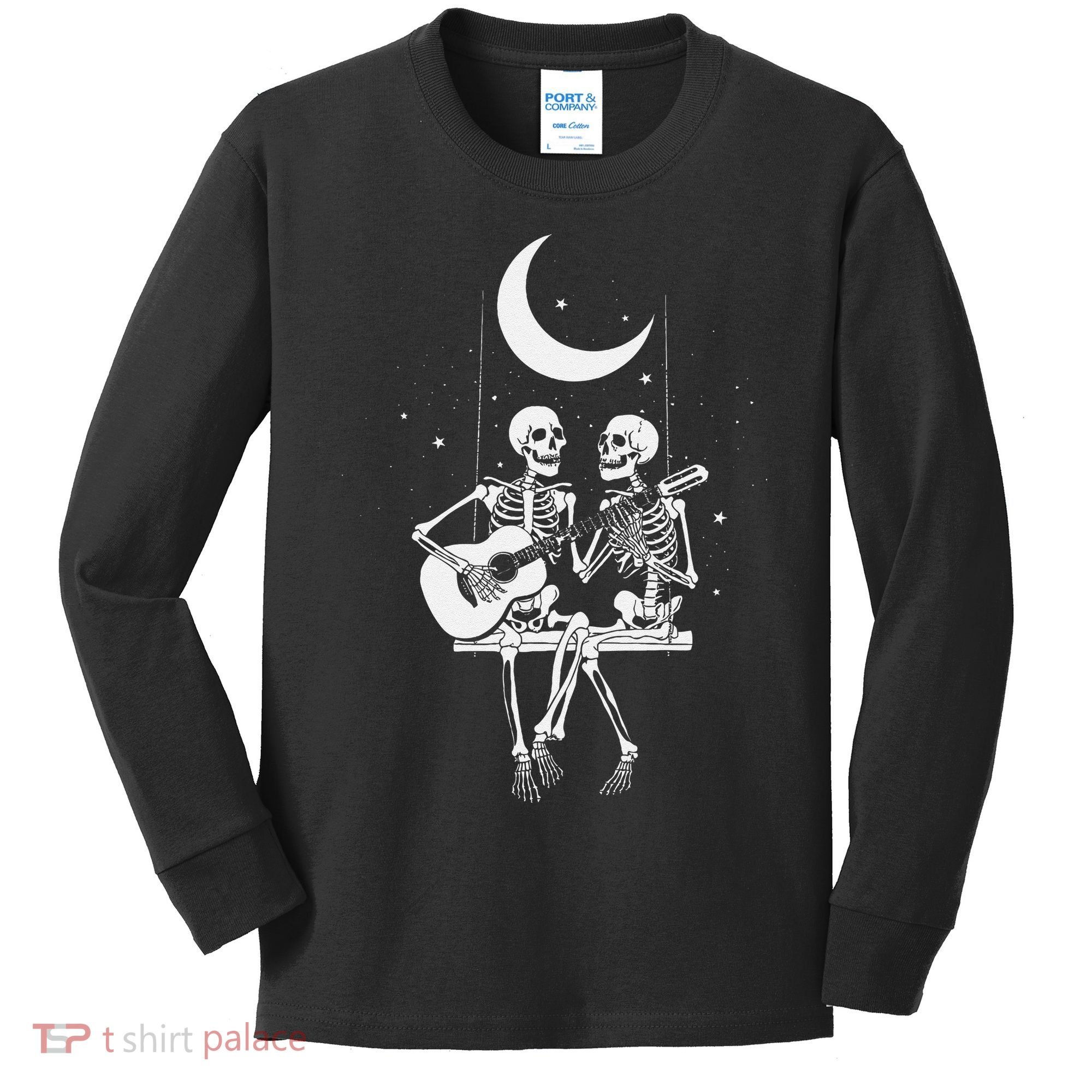 Skeleton Couple Under The Moon Playing Guitar Graphic Kids Long Sleeve Shirt
