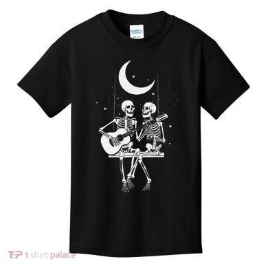 Skeleton Couple Under The Moon Playing Guitar Graphic Kids T-Shirt