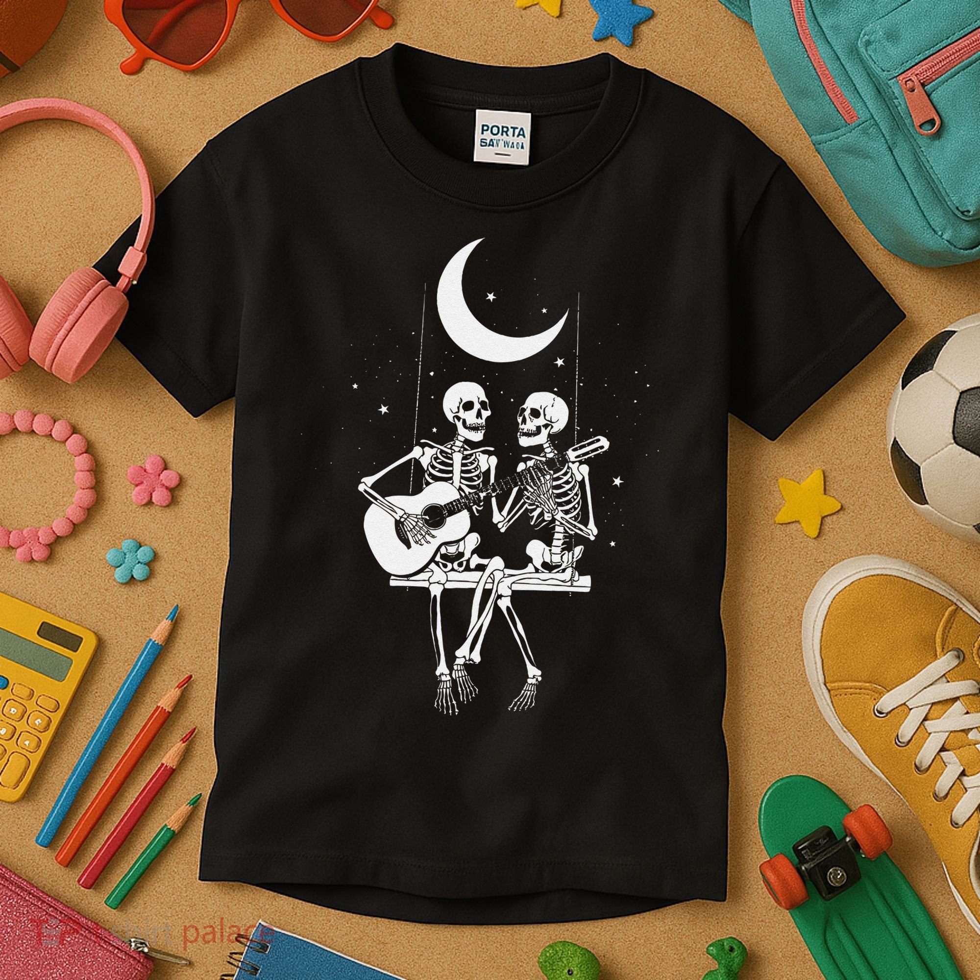 Skeleton Couple Under The Moon Playing Guitar Graphic Kids T-Shirt