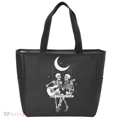 Skeleton Couple Under The Moon Playing Guitar Graphic Tote Bag