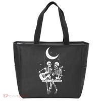 Skeleton Couple Under The Moon Playing Guitar Graphic Tote Bag thumb 0