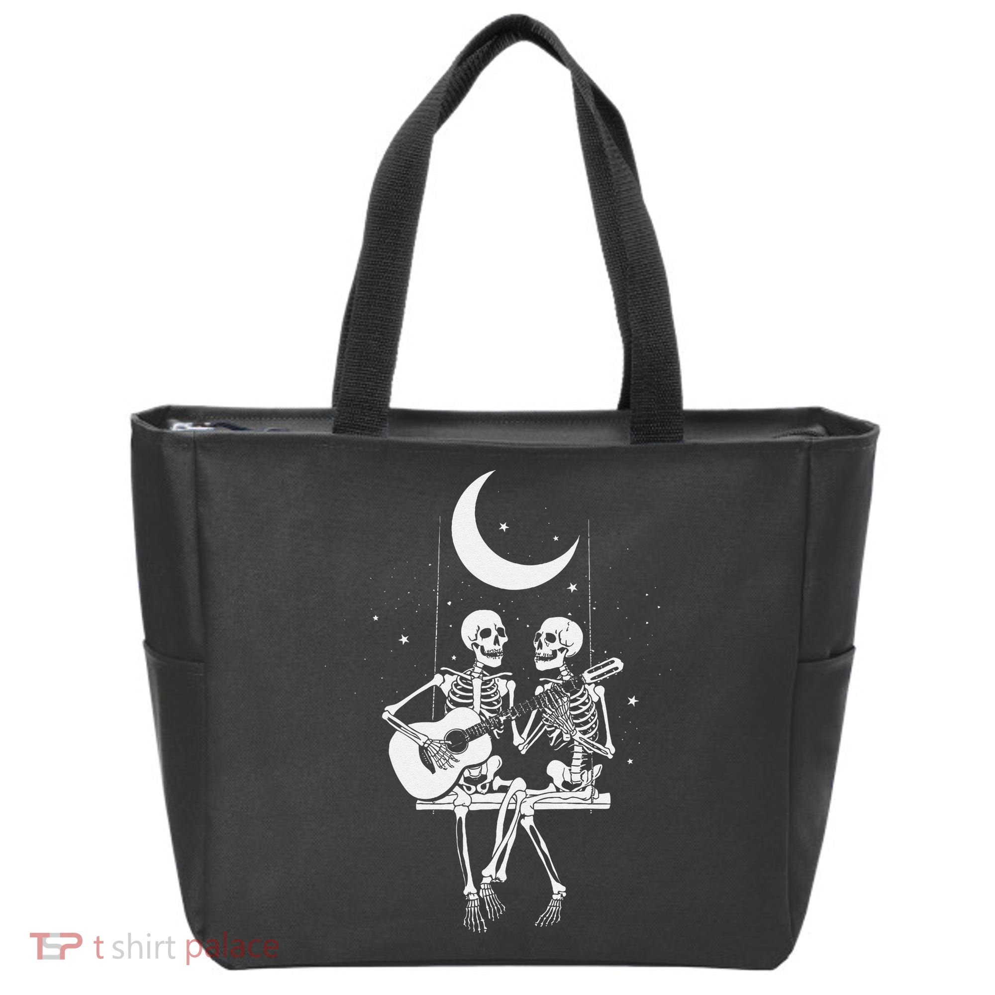 Skeleton Couple Under The Moon Playing Guitar Graphic Tote Bag