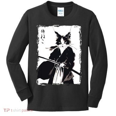 Samurai Cat Vintage Ukiyo E Cool Warrior Cat Japanese Art Kids Long Sleeve Shirt