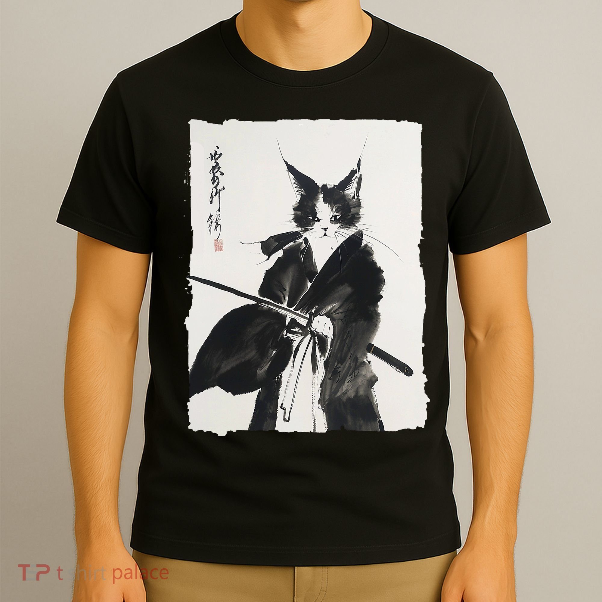 Samurai Cat Vintage Ukiyo-e Warrior Art Graphic Cat Art T-Shirt